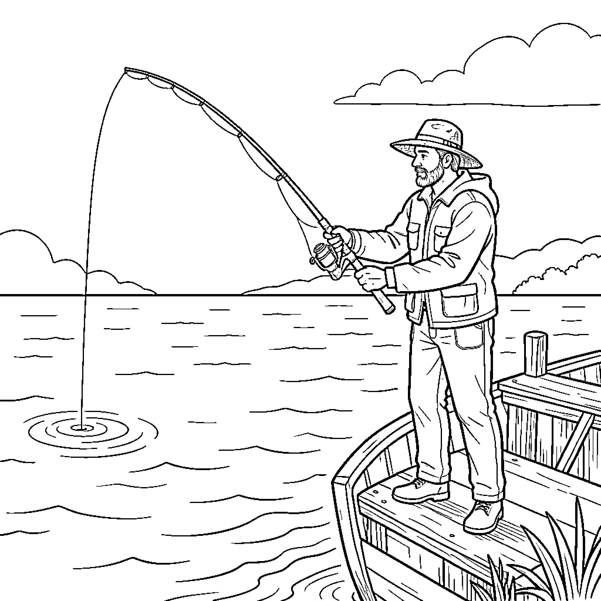 Fisherman casts line from wooden dock into rippling waters Coloring Page (free black-and-white line drawing printable PDF for all, from beginners to advanced learners, including children, teens, adults, and seniors)