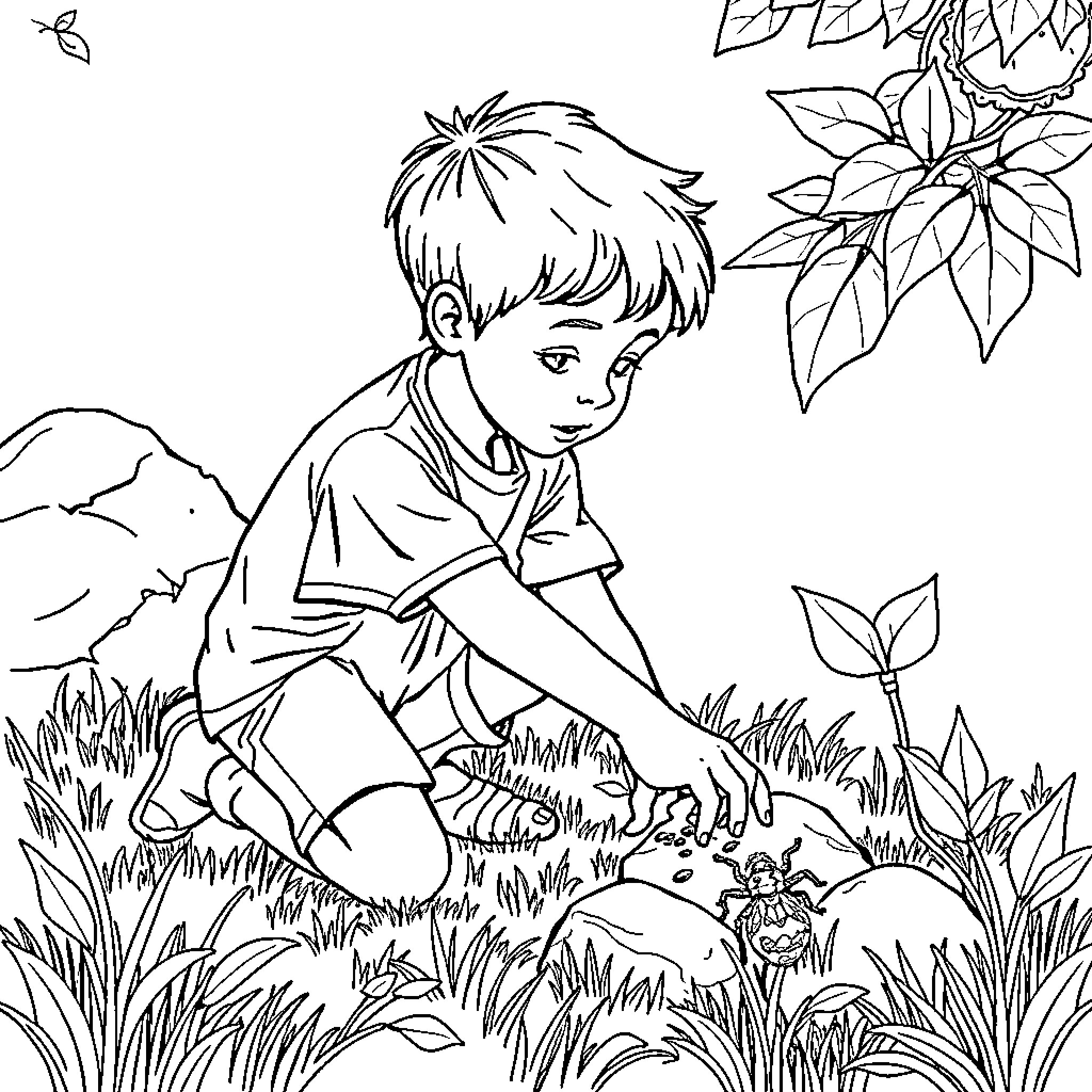 Boy exploring nature in the garden Coloring Page (free black-and-white line drawing printable PDF for all, from beginners to advanced learners, including children, teens, adults, and seniors)