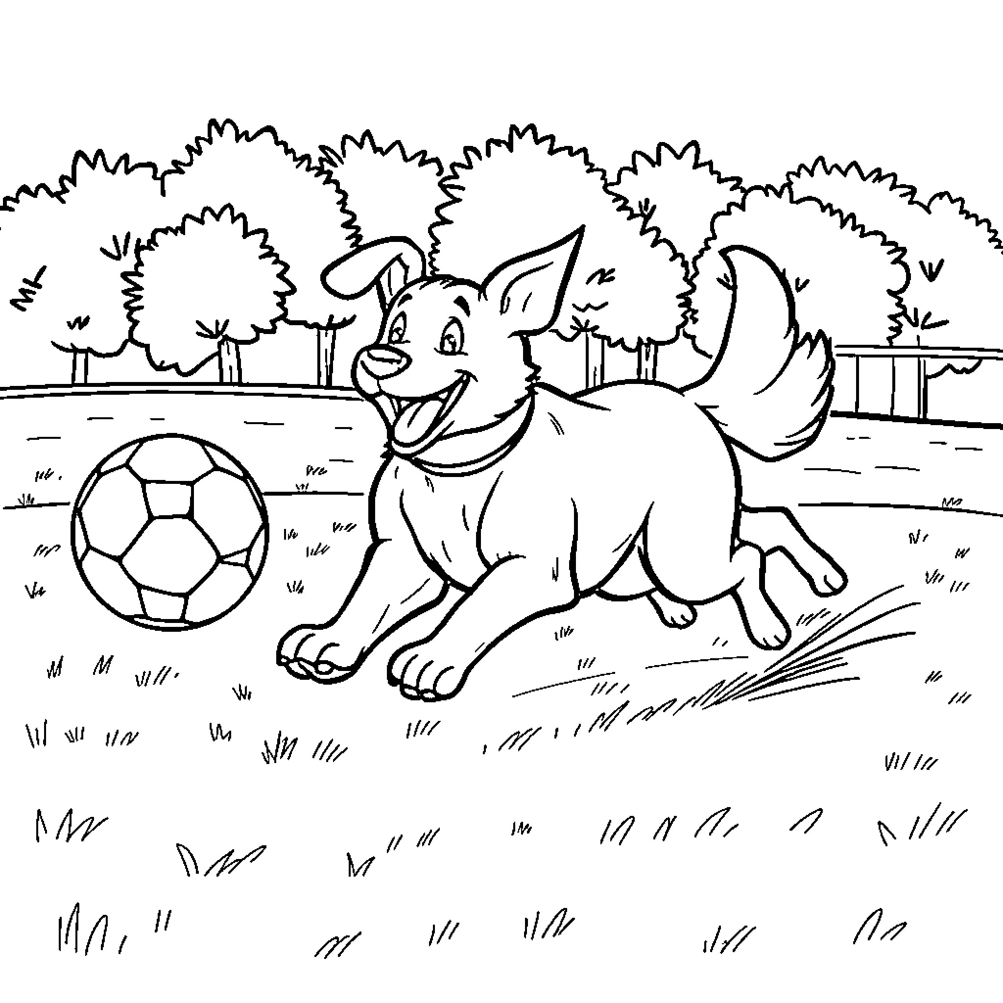 Dog playing with soccer ball in park Coloring Page (free black-and-white line drawing printable PDF for all, from beginners to advanced learners, including children, teens, adults, and seniors)