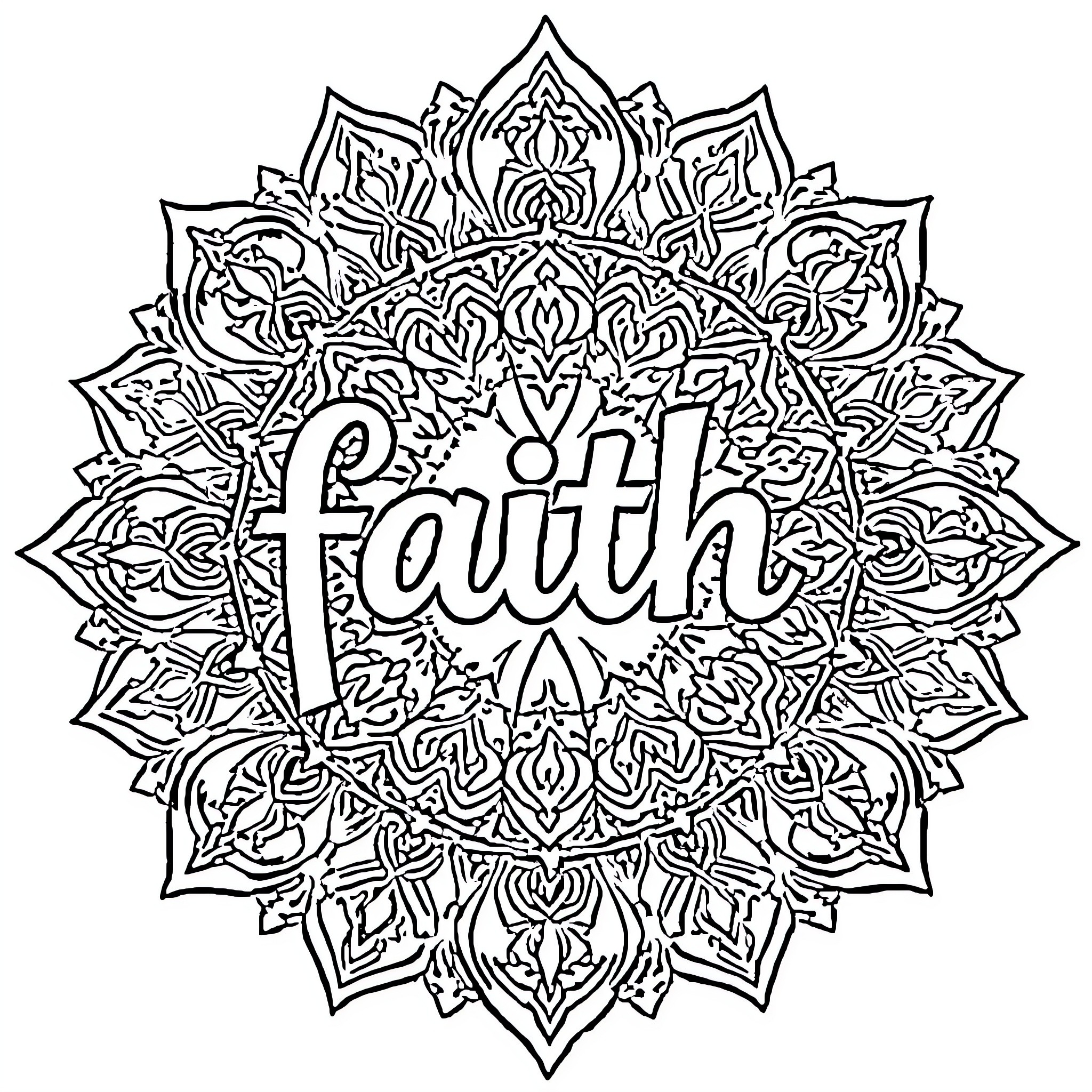 Mandala featuring the word 'Faith' in intricate design Coloring Page (free black-and-white line drawing printable PDF for all, from beginners to advanced learners, including children, teens, adults, and seniors)