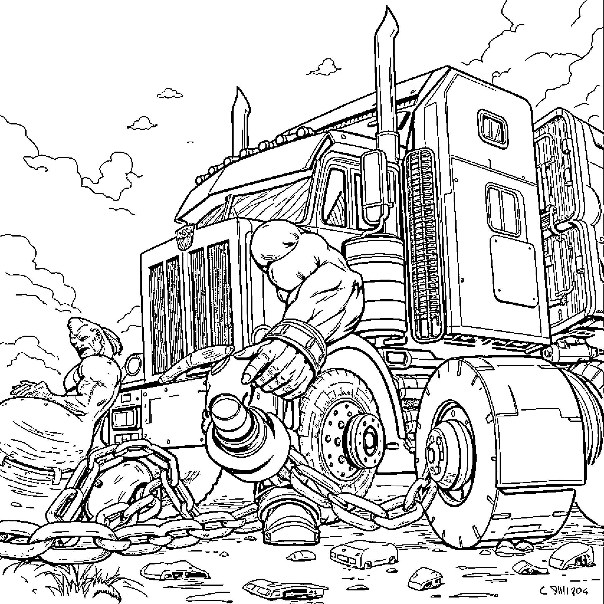 Hellboy driving a large truck in an outdoor scene Coloring Page (free black-and-white line drawing printable PDF for all, from beginners to advanced learners, including children, teens, adults, and seniors)