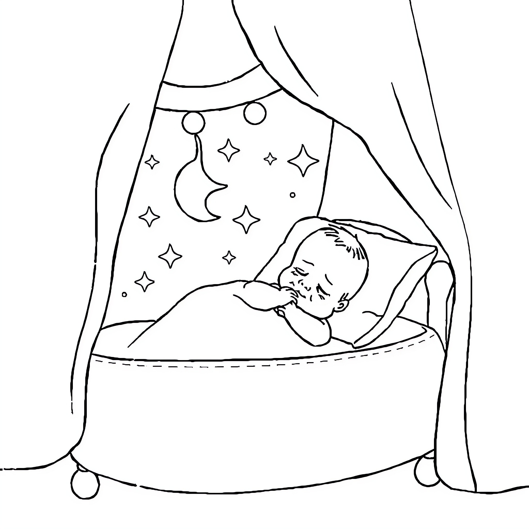 Baby sleeping peacefully under starry night sky Coloring Page (free black-and-white line drawing printable PDF for all, from beginners to advanced learners, including children, teens, adults, and seniors)