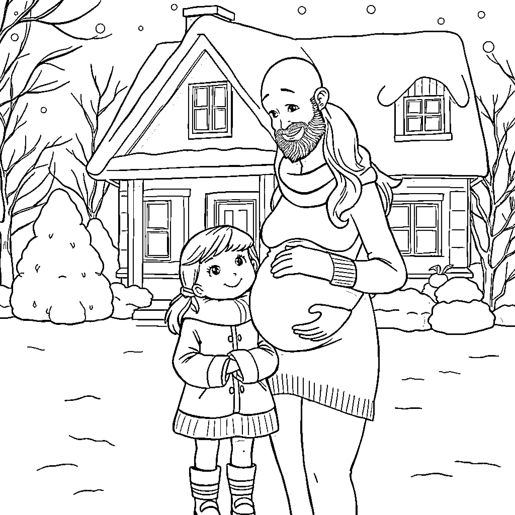 Family enjoying a winter day by their cozy house Coloring Page (free black-and-white line drawing printable PDF for all, from beginners to advanced learners, including children, teens, adults, and seniors)