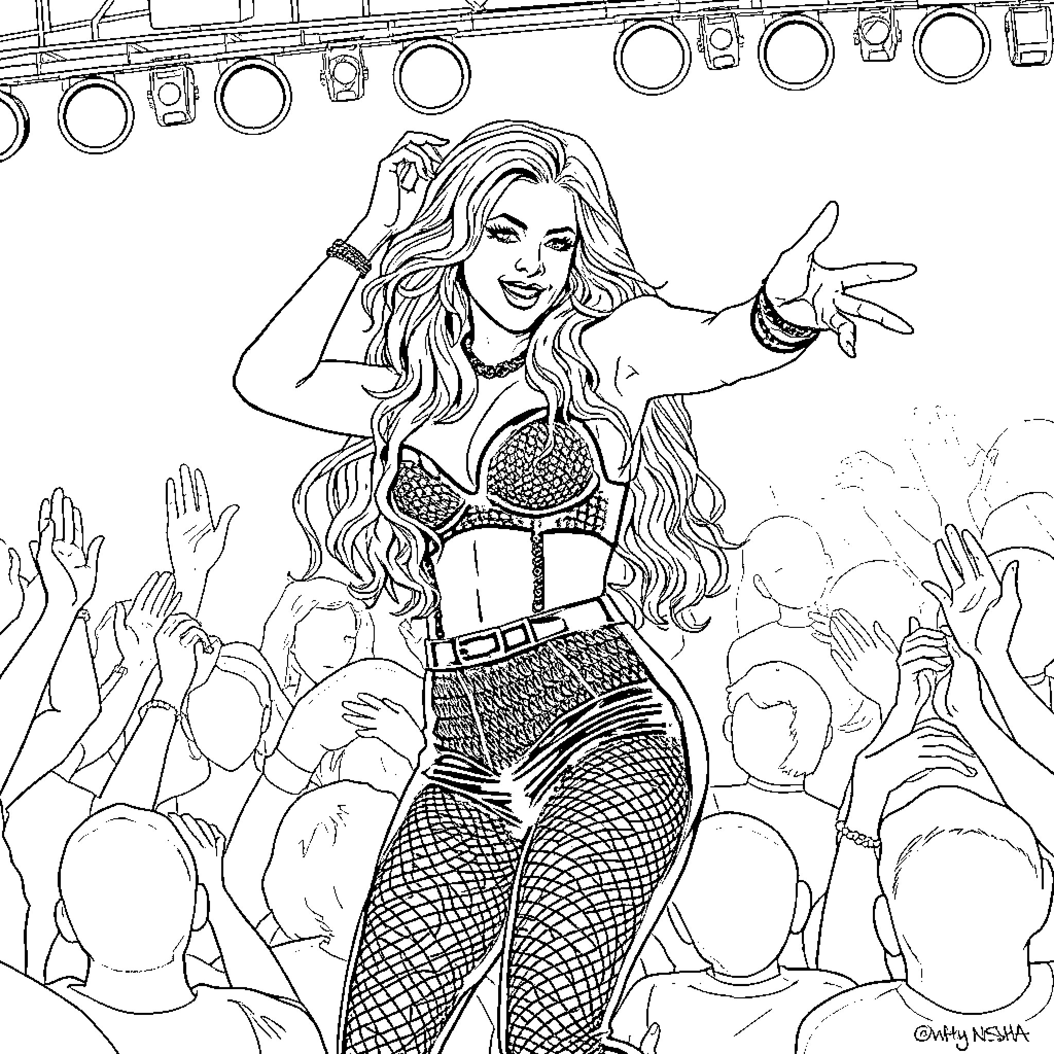 Kesha performing energetically on stage Coloring Page (free black-and-white line drawing printable PDF for all, from beginners to advanced learners, including children, teens, adults, and seniors)