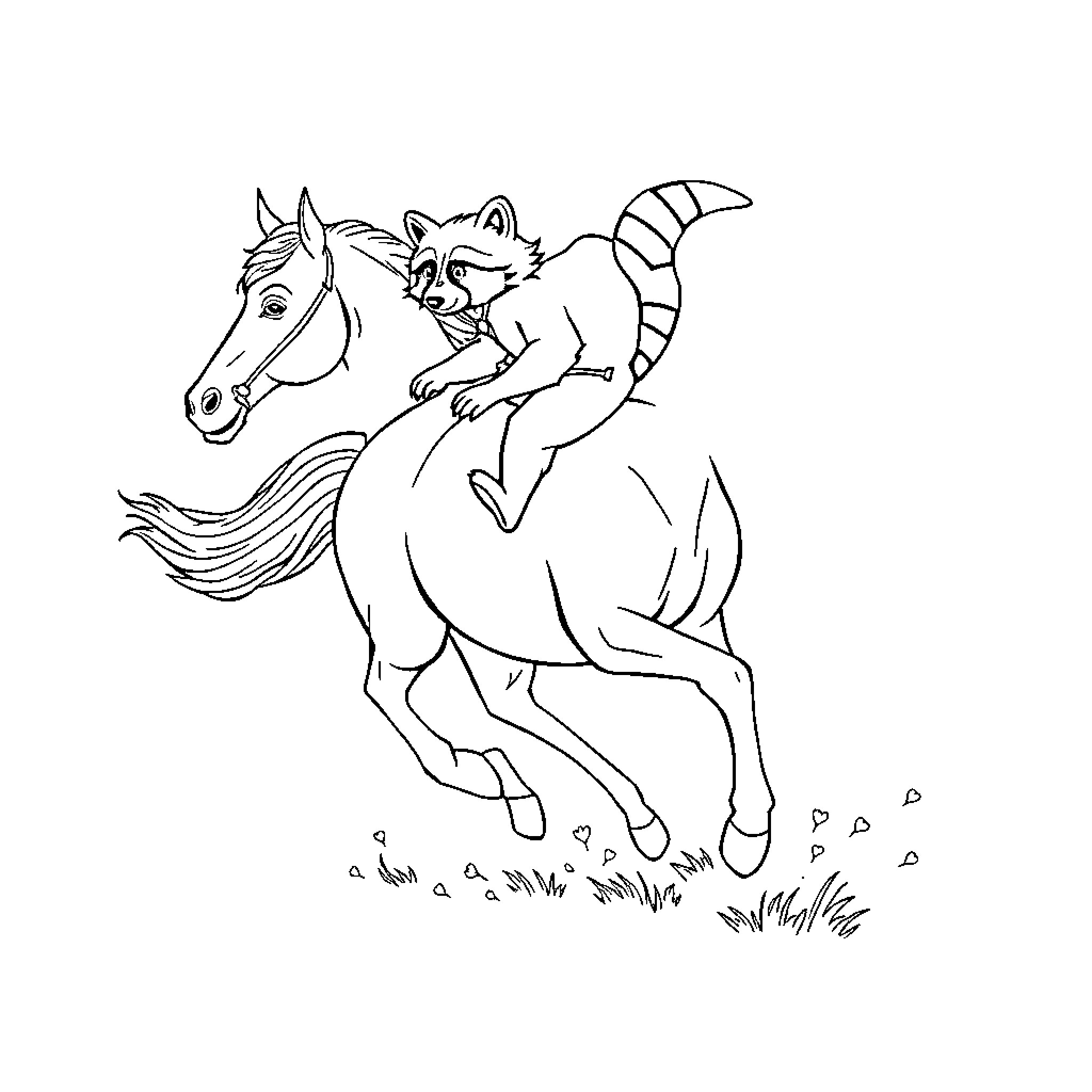 Horse galloping with playful raccoon Coloring Page (free black-and-white line drawing printable PDF for all, from beginners to advanced learners, including children, teens, adults, and seniors)
