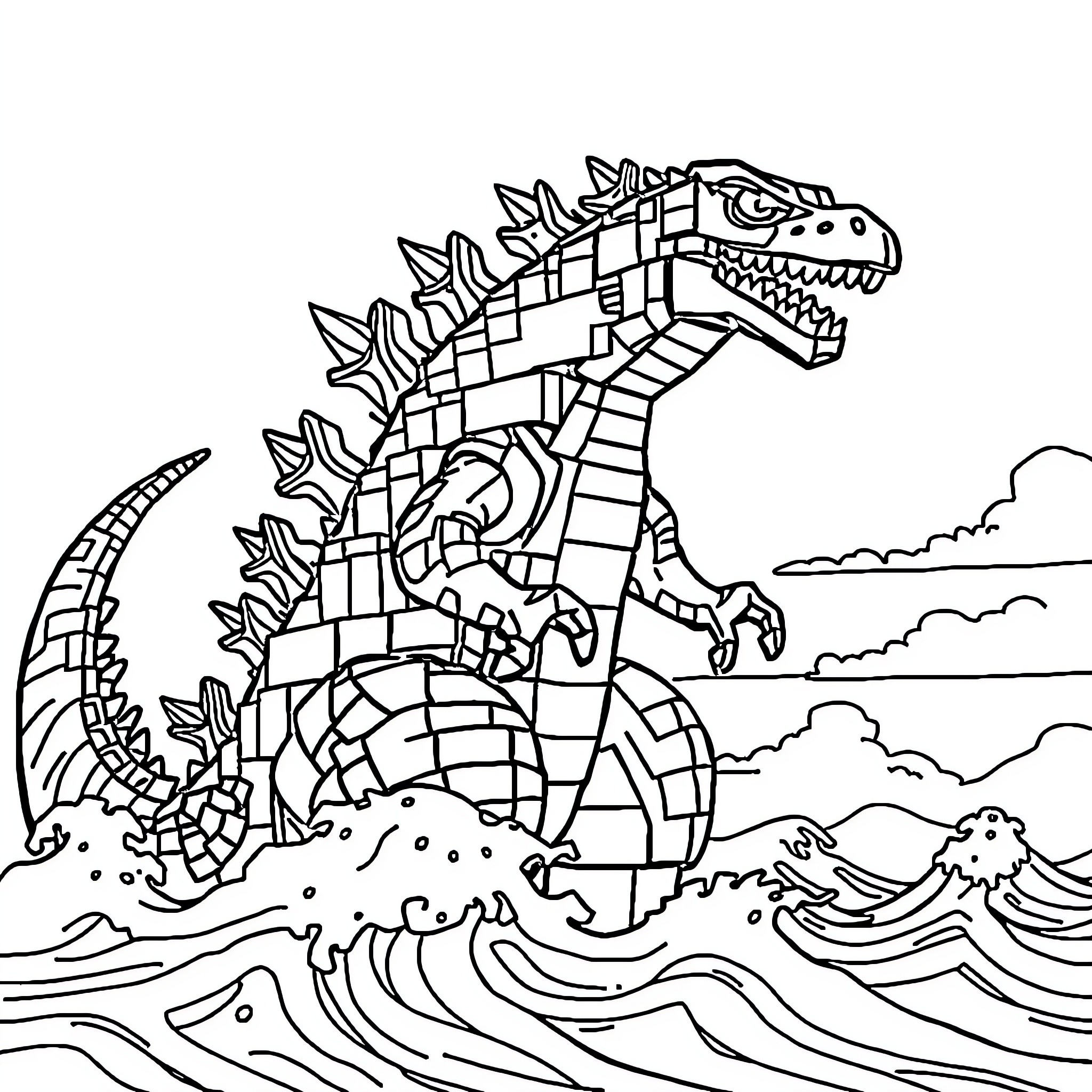 Godzilla rampaging through the waves Coloring Page (free black-and-white line drawing printable PDF for all, from beginners to advanced learners, including children, teens, adults, and seniors)