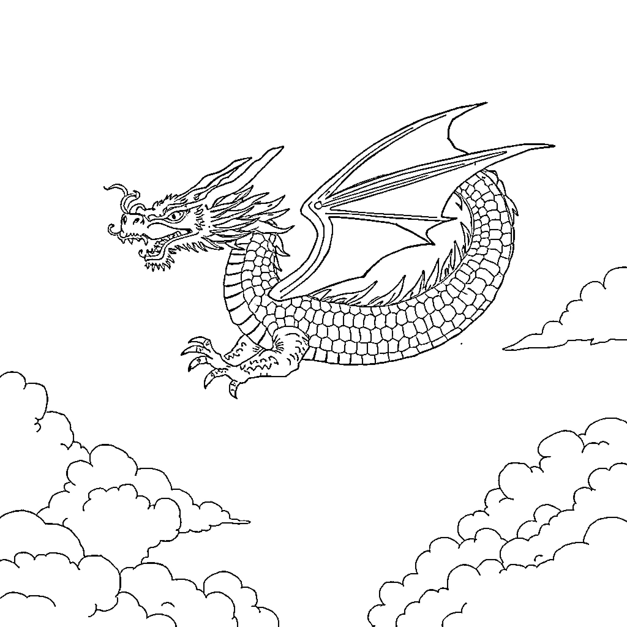 Dragon soaring through the cloudy sky Coloring Page (free black-and-white line drawing printable PDF for all, from beginners to advanced learners, including children, teens, adults, and seniors)