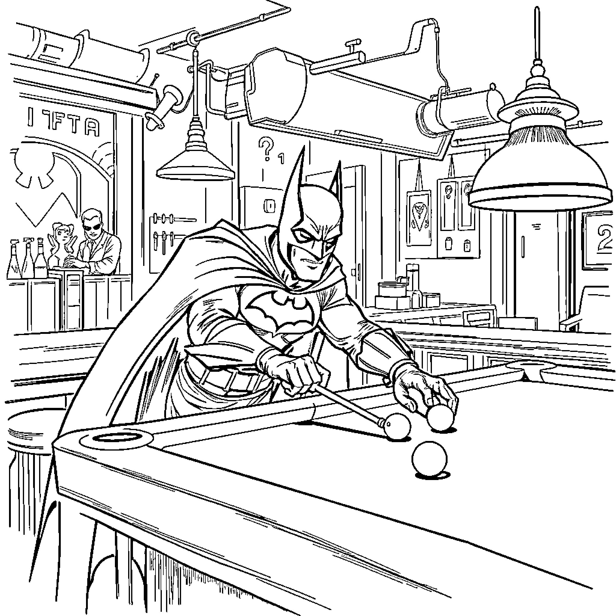 Batman Solving Mystery in Mysterious Hideout Coloring Page (free black-and-white line drawing printable PDF for all, from beginners to advanced learners, including children, teens, adults, and seniors)