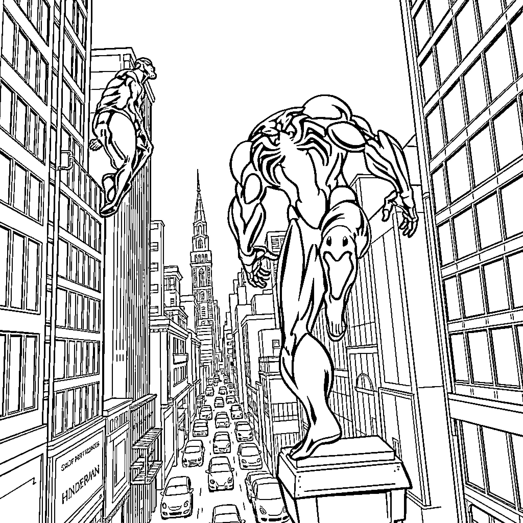 Venom's Rampage through the City Coloring Page (free black-and-white line drawing printable PDF for all, from beginners to advanced learners, including children, teens, adults, and seniors)