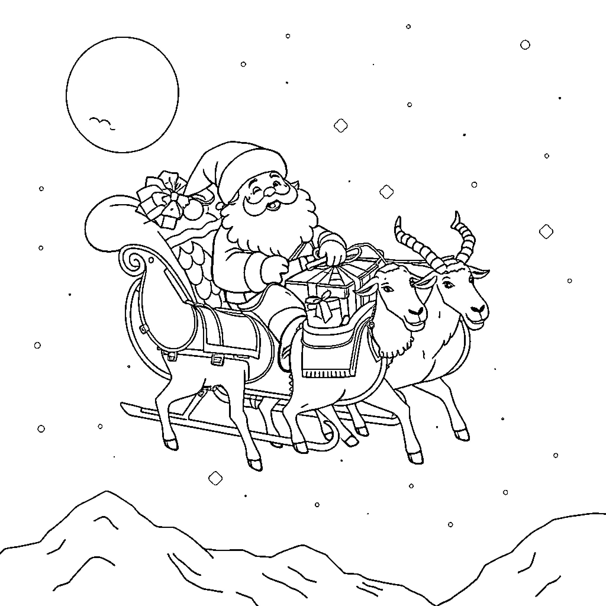Santa riding sleigh drawn by goats in winter wonderland Coloring Page (free black-and-white line drawing printable PDF for all, from beginners to advanced learners, including children, teens, adults, and seniors)