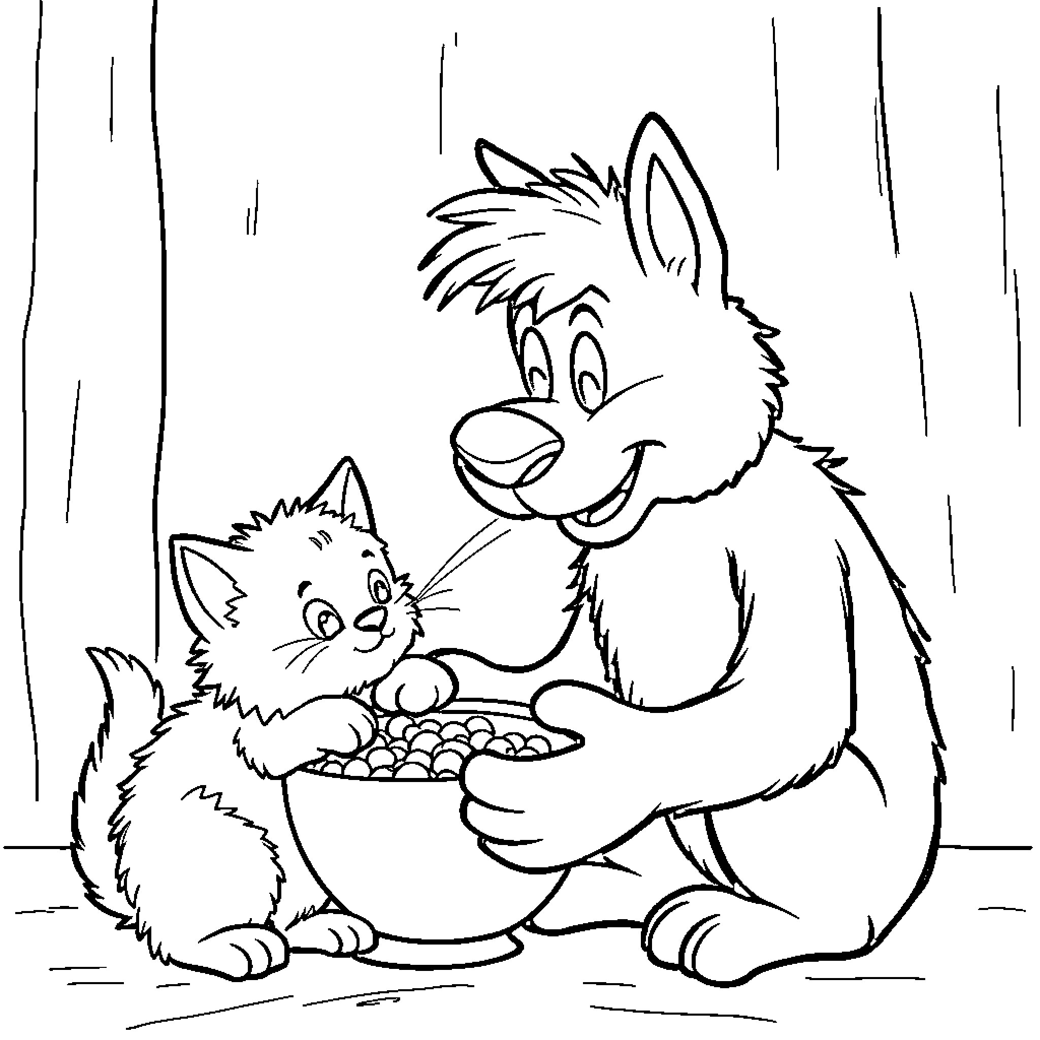 Alf sharing treats with a kitten Coloring Page (free black-and-white line drawing printable PDF for all, from beginners to advanced learners, including children, teens, adults, and seniors)