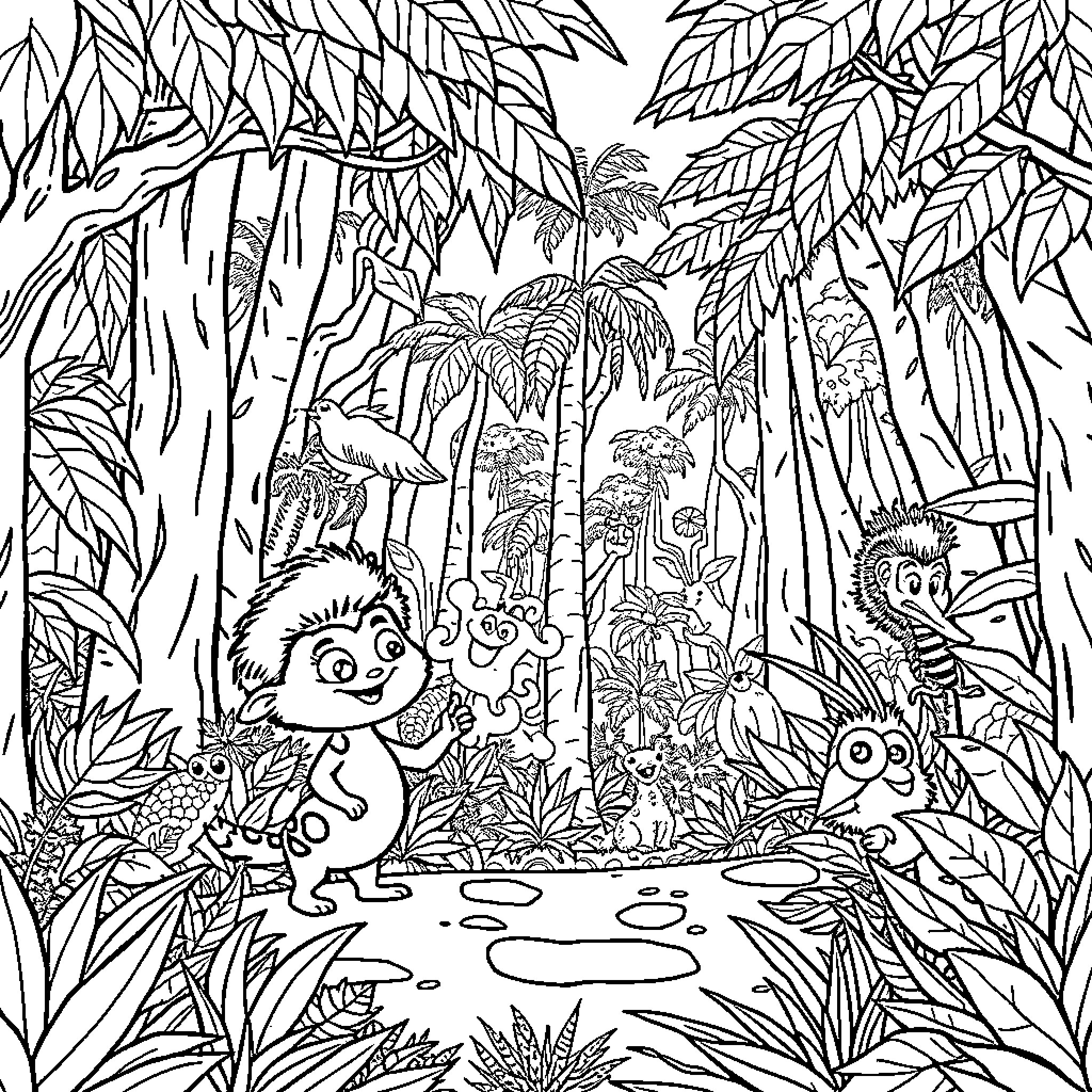 Kiri and Lou explore the jungle landscape Coloring Page (free black-and-white line drawing printable PDF for all, from beginners to advanced learners, including children, teens, adults, and seniors)