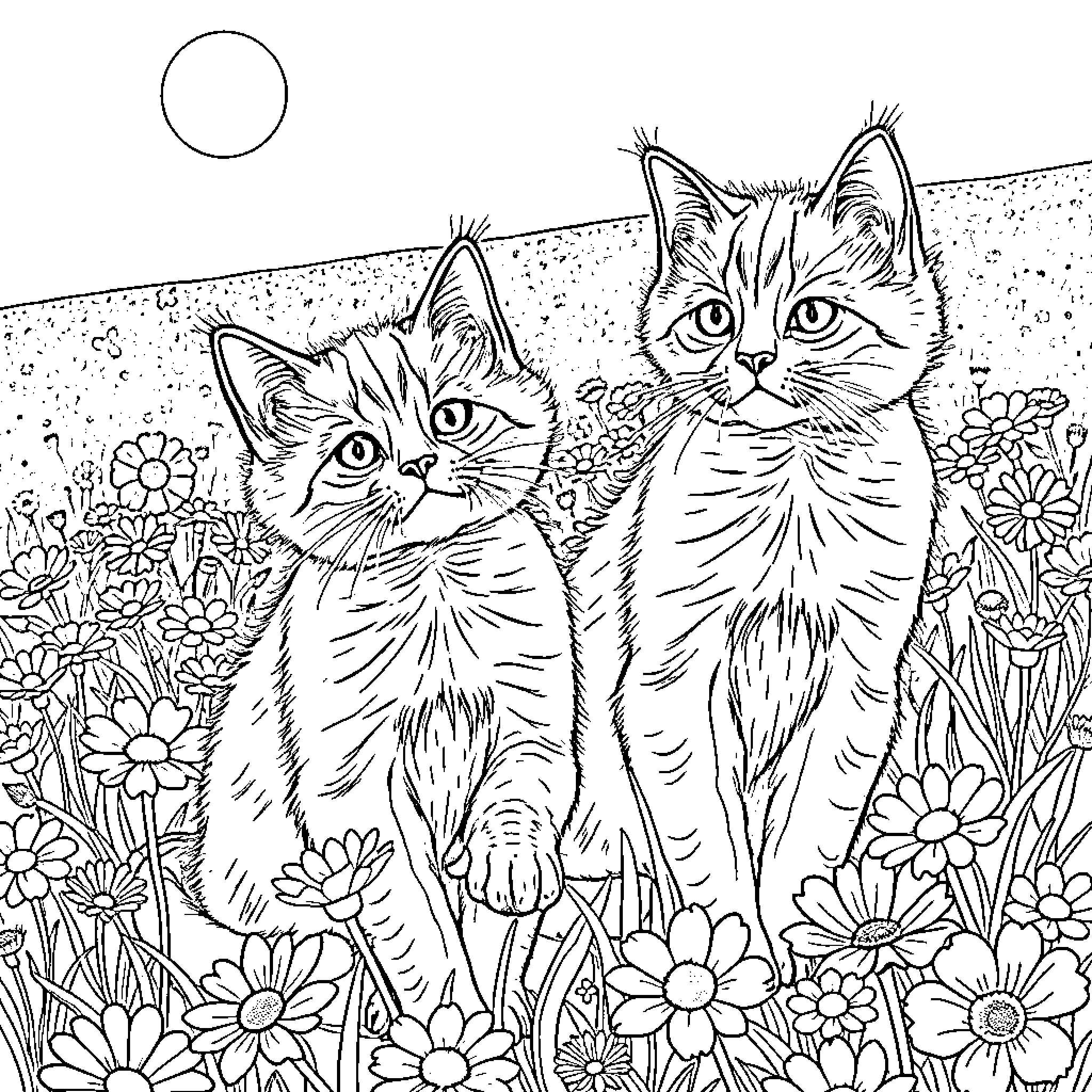 Cats in a Floral Garden Coloring Page (free black-and-white line drawing printable PDF for all, from beginners to advanced learners, including children, teens, adults, and seniors)