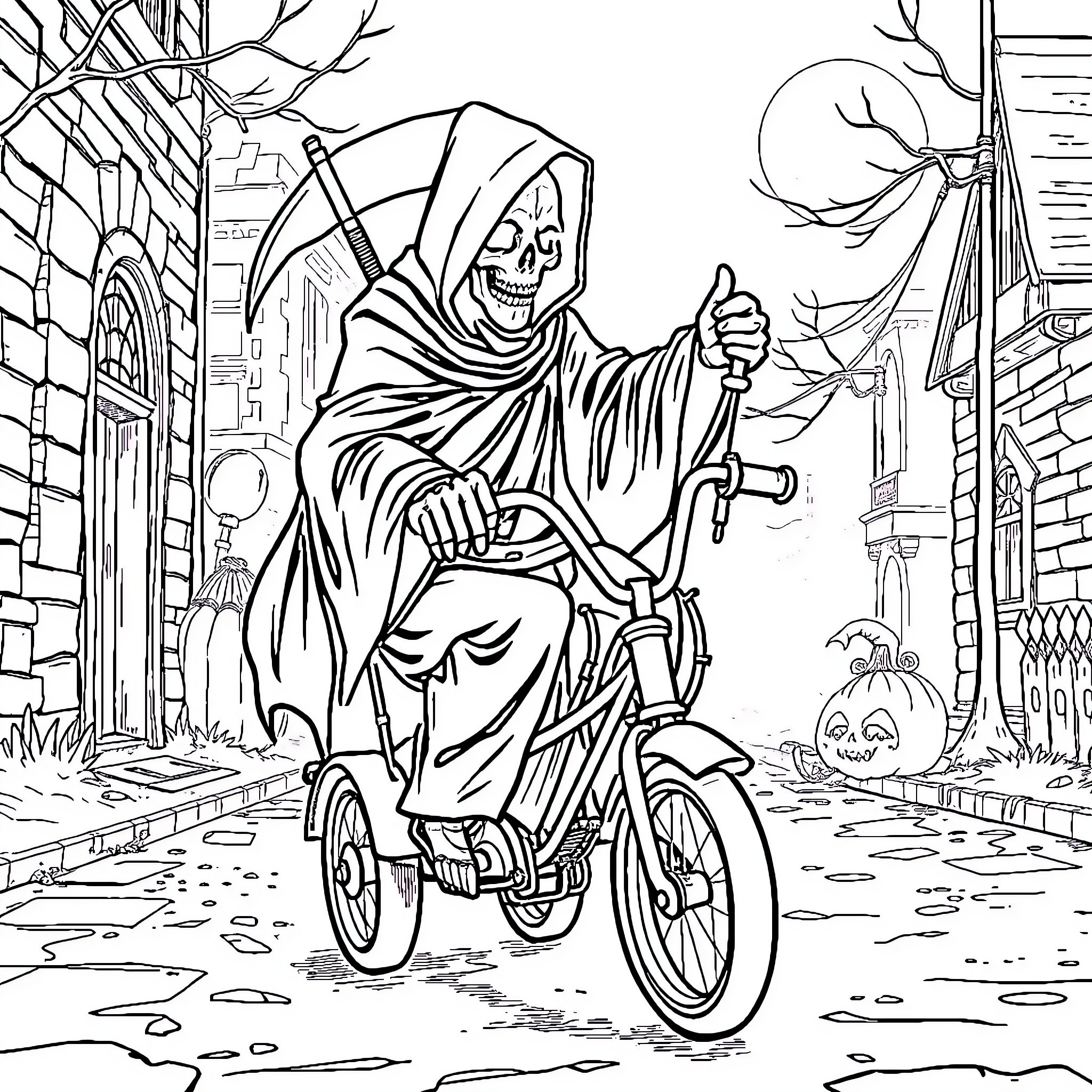 Grim Reaper Rides a Tricycle on Halloween Night Coloring Page (free black-and-white line drawing printable PDF for all, from beginners to advanced learners, including children, teens, adults, and seniors)