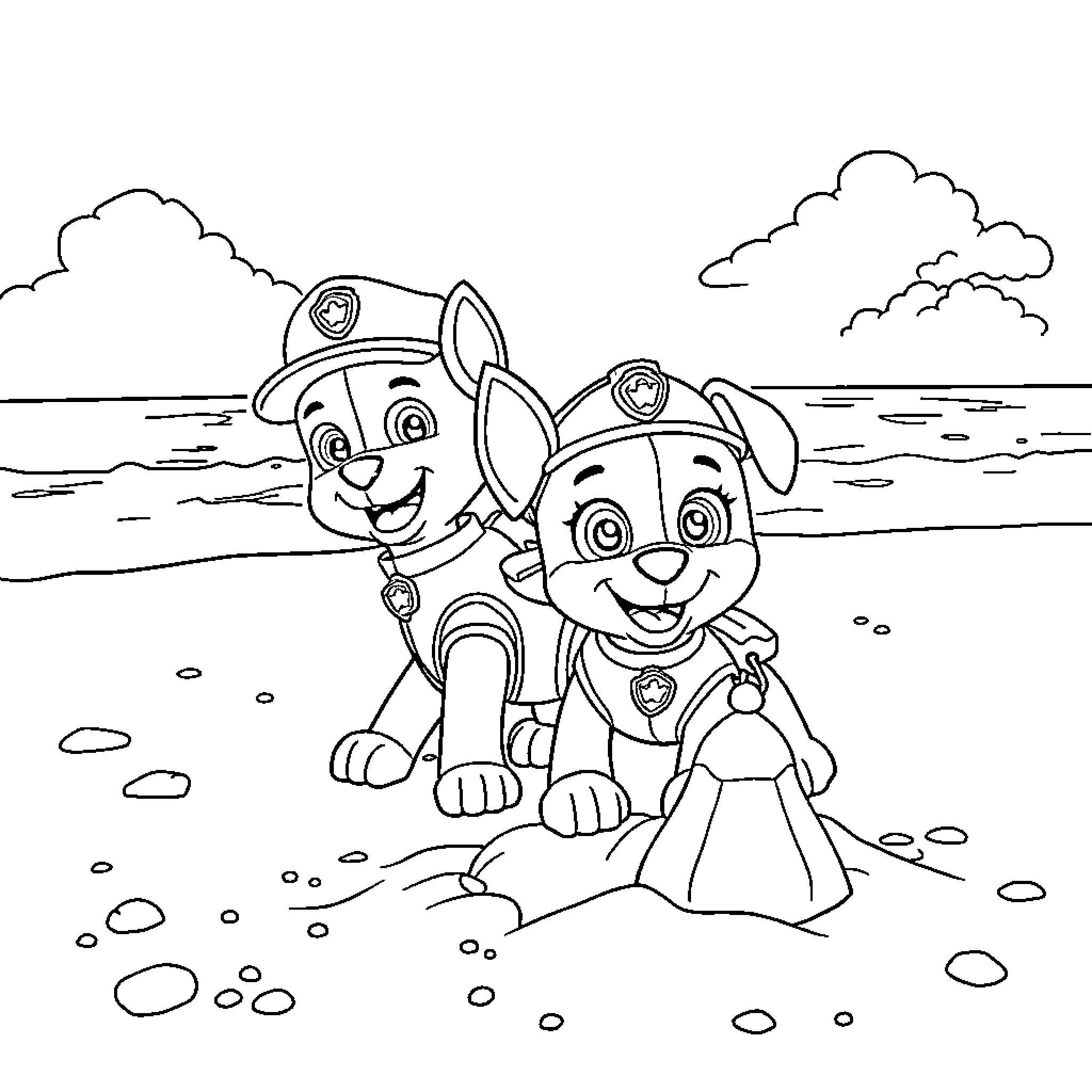 Paw Patrol pups on a beach adventure Coloring Page (free black-and-white line drawing printable PDF for all, from beginners to advanced learners, including children, teens, adults, and seniors)