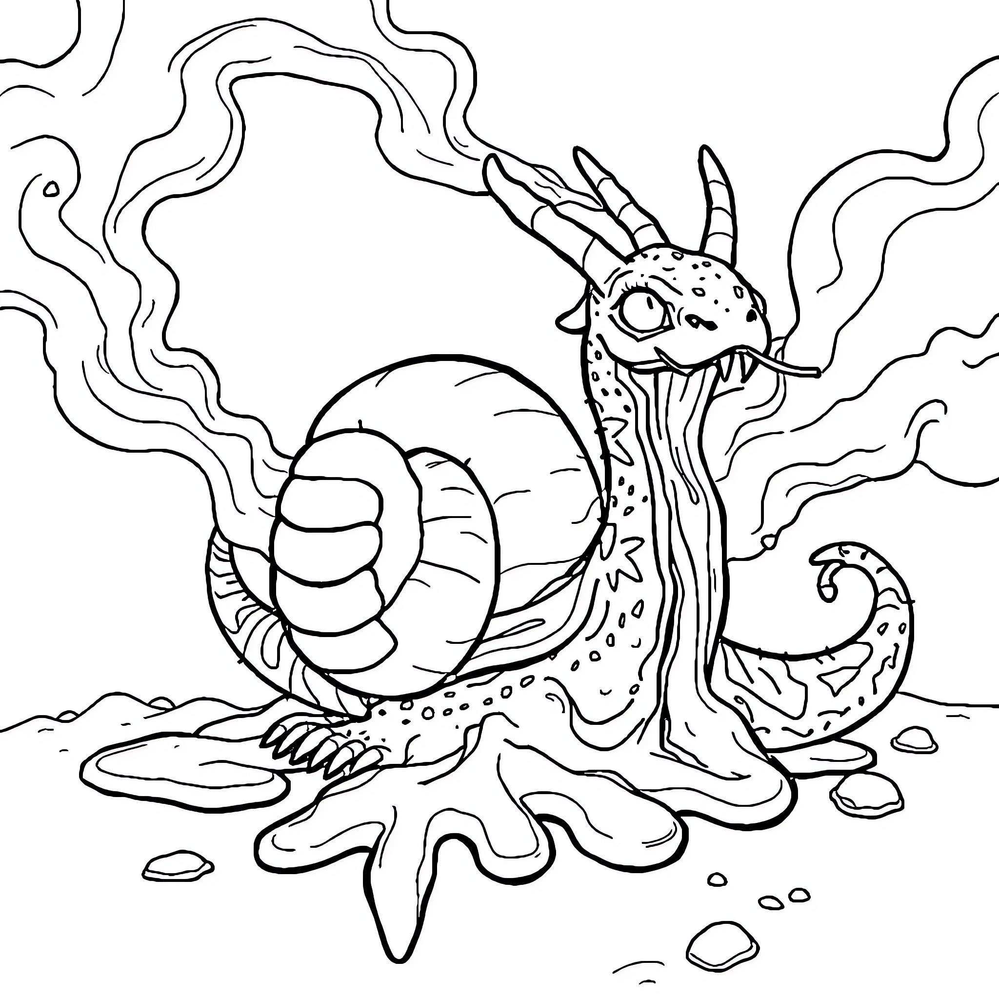 Dragon Snail emerging from the depths Coloring Page (free black-and-white line drawing printable PDF for all, from beginners to advanced learners, including children, teens, adults, and seniors)