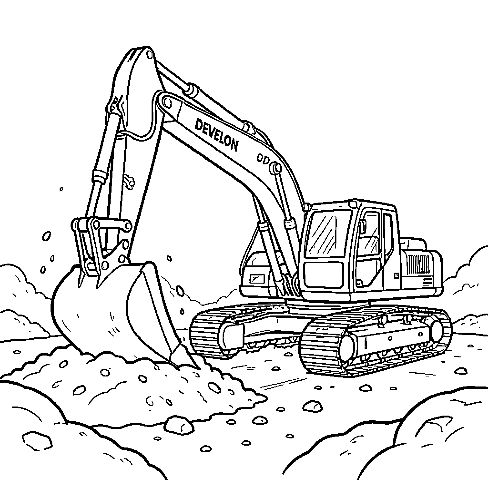 Excavator digging in a pile of dirt Coloring Page (free black-and-white line drawing printable PDF for all, from beginners to advanced learners, including children, teens, adults, and seniors)