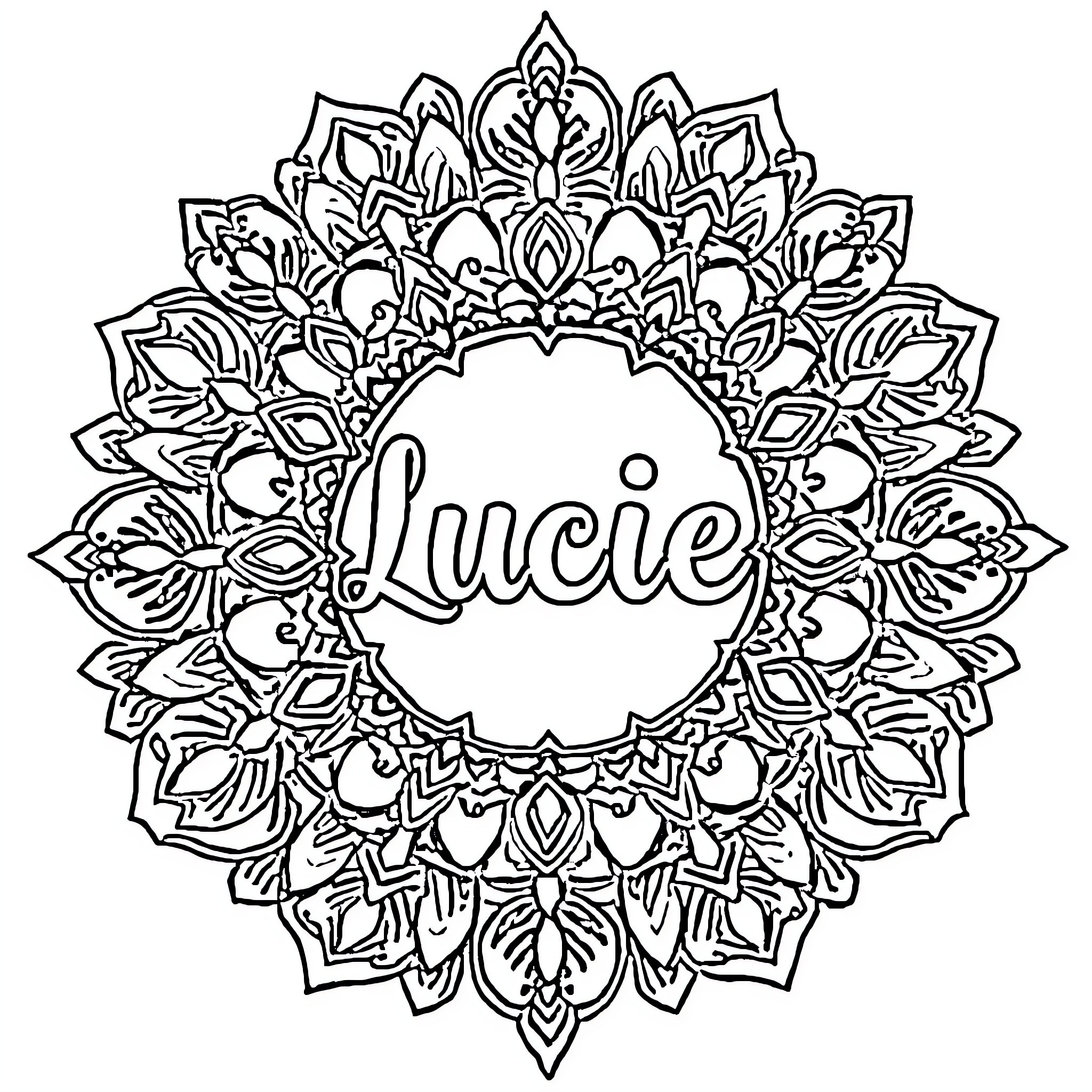 Mandalas with personalized name 'Lucie' Coloring Page (free black-and-white line drawing printable PDF for all, from beginners to advanced learners, including children, teens, adults, and seniors)
