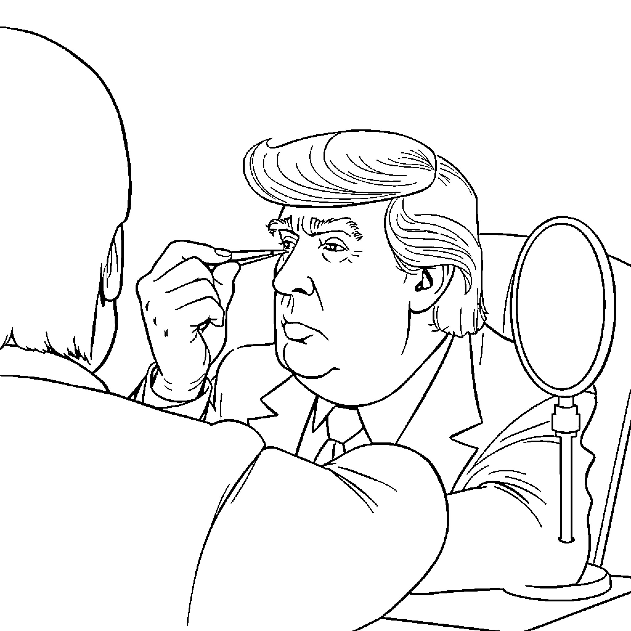 Donald Trump applying makeup in front of a mirror Coloring Page (free black-and-white line drawing printable PDF for all, from beginners to advanced learners, including children, teens, adults, and seniors)