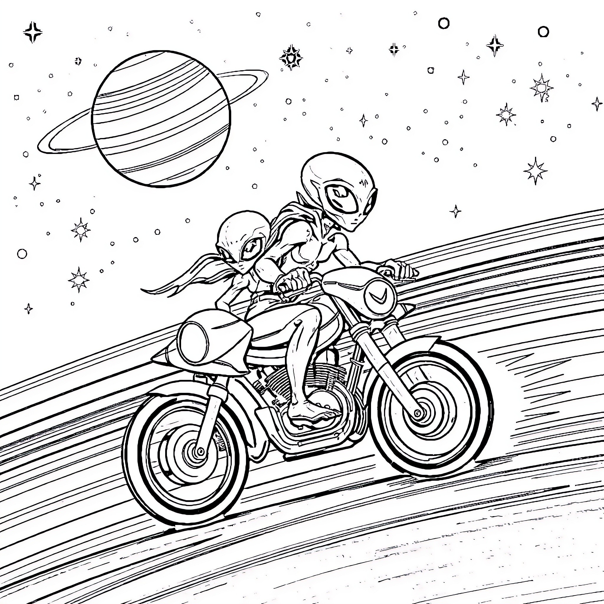 Alien Explorers Ride Futuristic Motorcycle Through Starry Skies Coloring Page (free black-and-white line drawing printable PDF for all, from beginners to advanced learners, including children, teens, adults, and seniors)