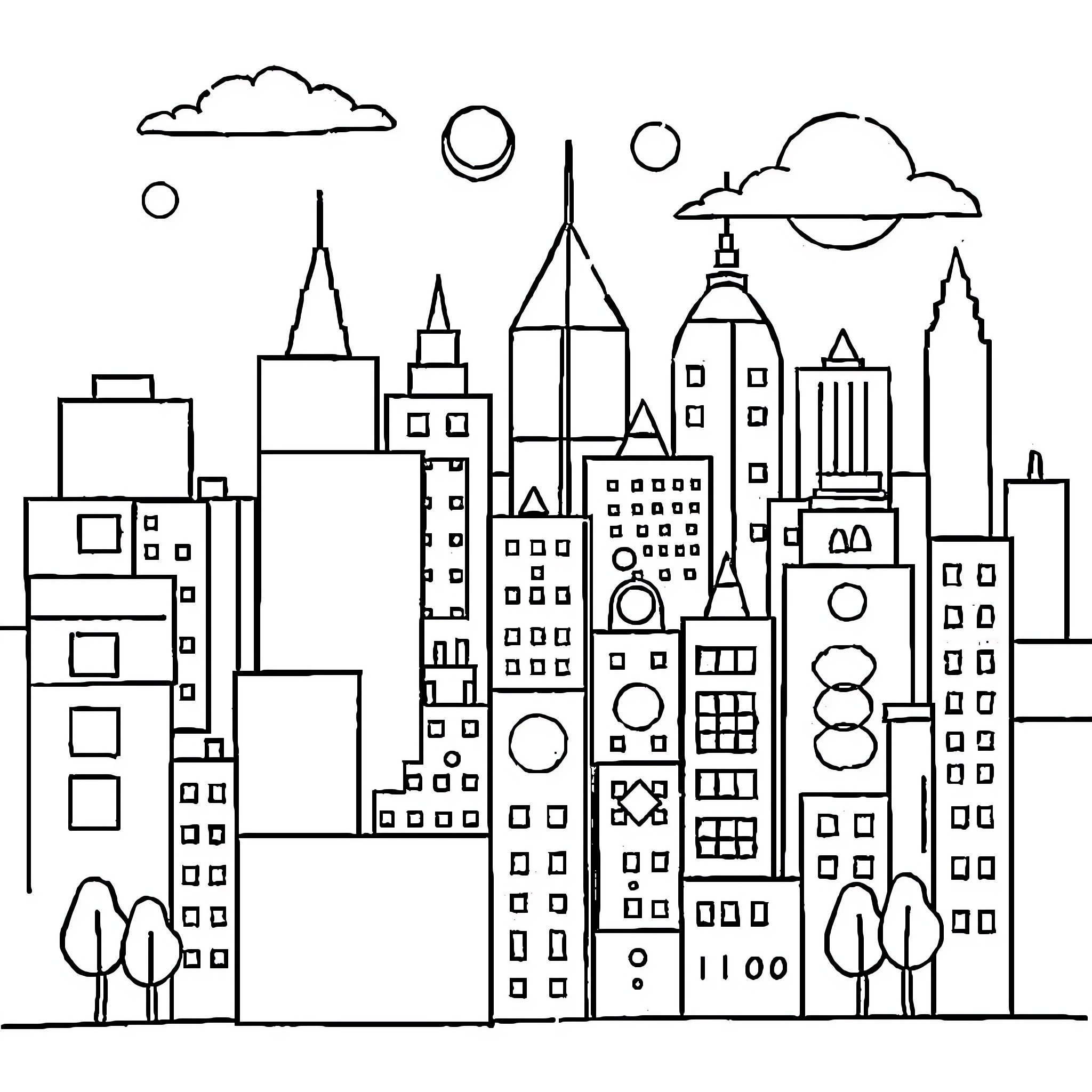 Geometric Shapes of a City Skyline Coloring Page (free black-and-white line drawing printable PDF for all, from beginners to advanced learners, including children, teens, adults, and seniors)