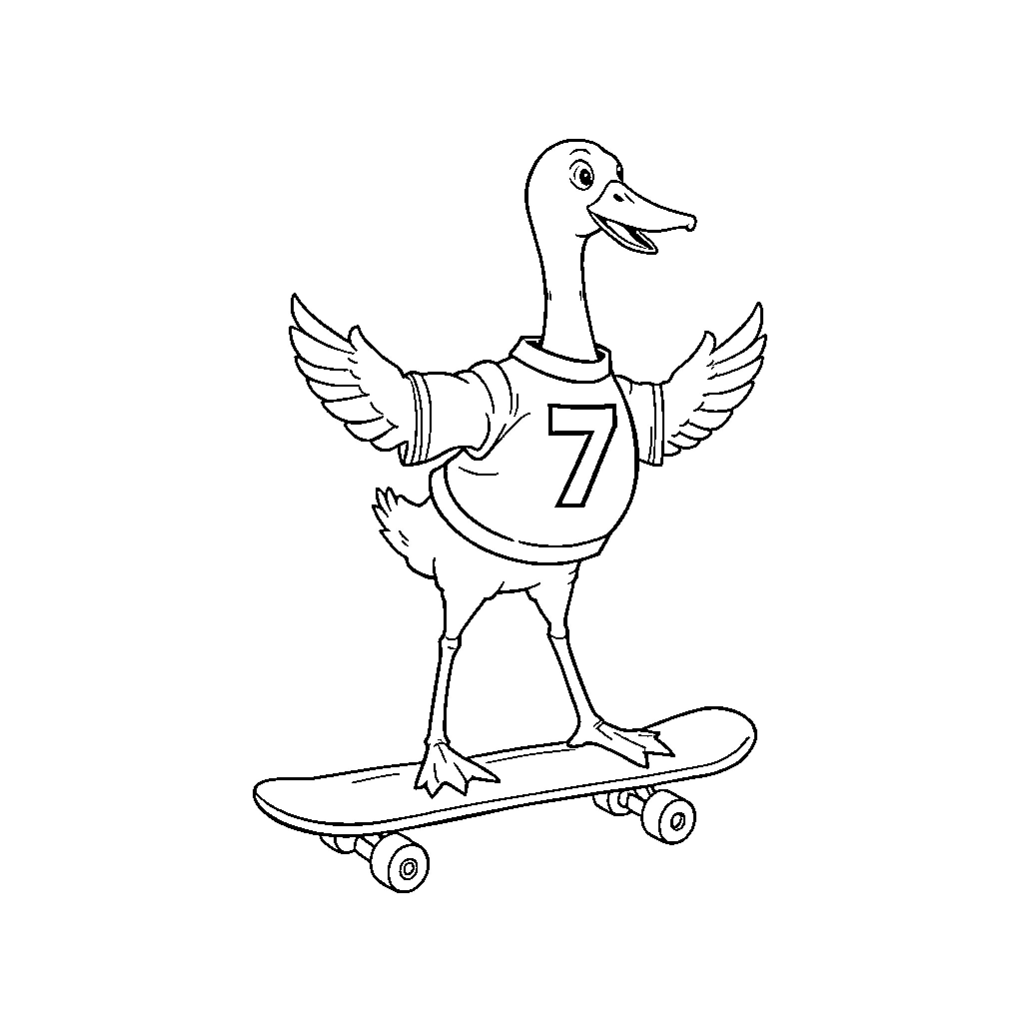 Goose riding a skateboard with wings Coloring Page (free black-and-white line drawing printable PDF for all, from beginners to advanced learners, including children, teens, adults, and seniors)