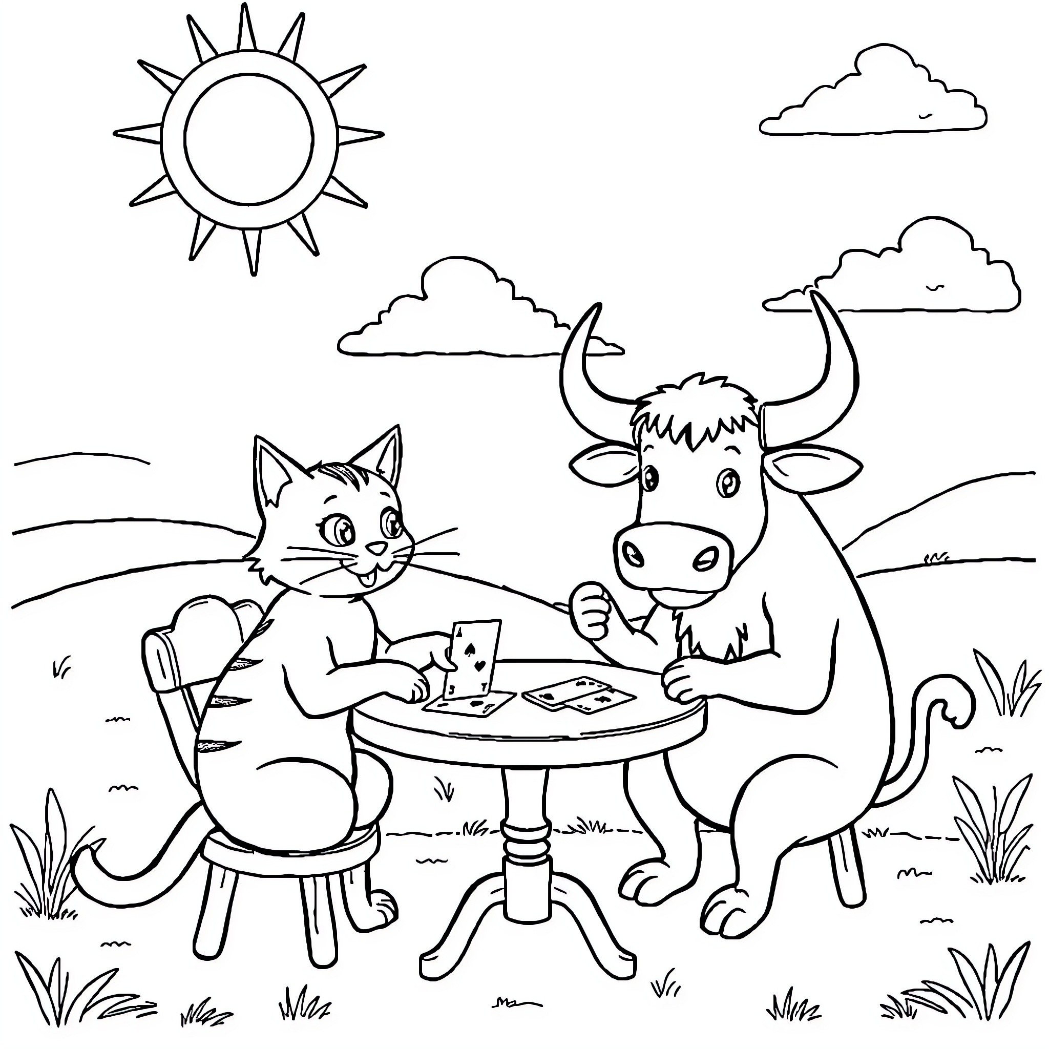 Gabby and her animal friends enjoy a sunny day outside Coloring Page (free black-and-white line drawing printable PDF for all, from beginners to advanced learners, including children, teens, adults, and seniors)