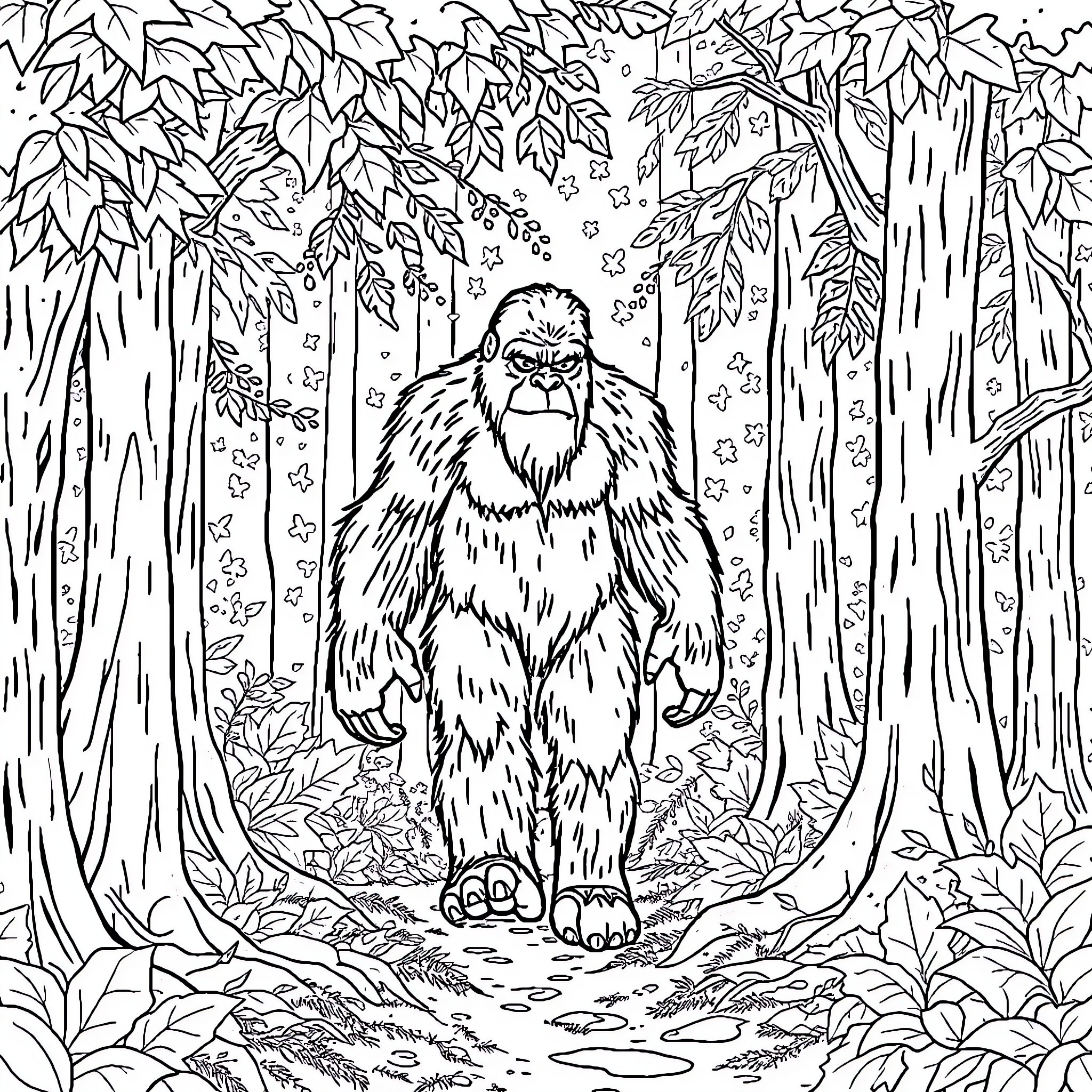Bigfoot exploring the mysterious forest Coloring Page (free black-and-white line drawing printable PDF for all, from beginners to advanced learners, including children, teens, adults, and seniors)