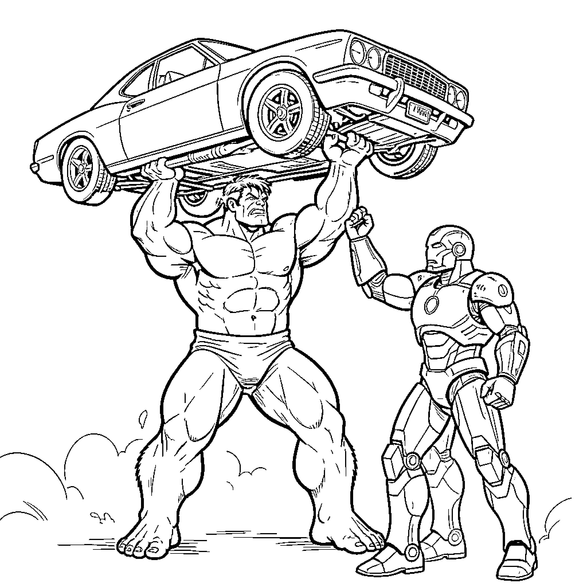 Hulk lifting car with robot assistant Coloring Page (free black-and-white line drawing printable PDF for all, from beginners to advanced learners, including children, teens, adults, and seniors)