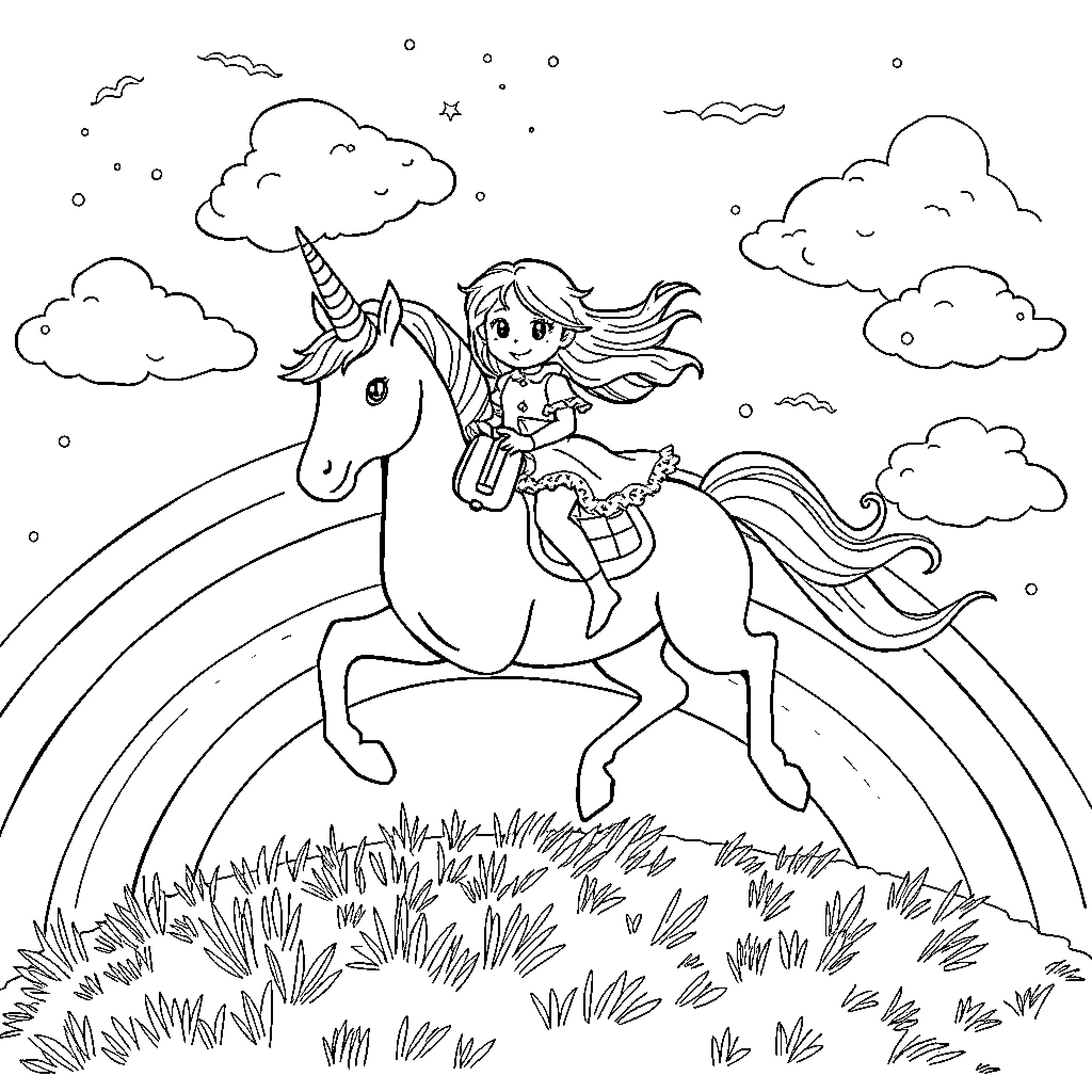 Girl riding magical unicorn in enchanting meadow Coloring Page (free black-and-white line drawing printable PDF for all, from beginners to advanced learners, including children, teens, adults, and seniors)
