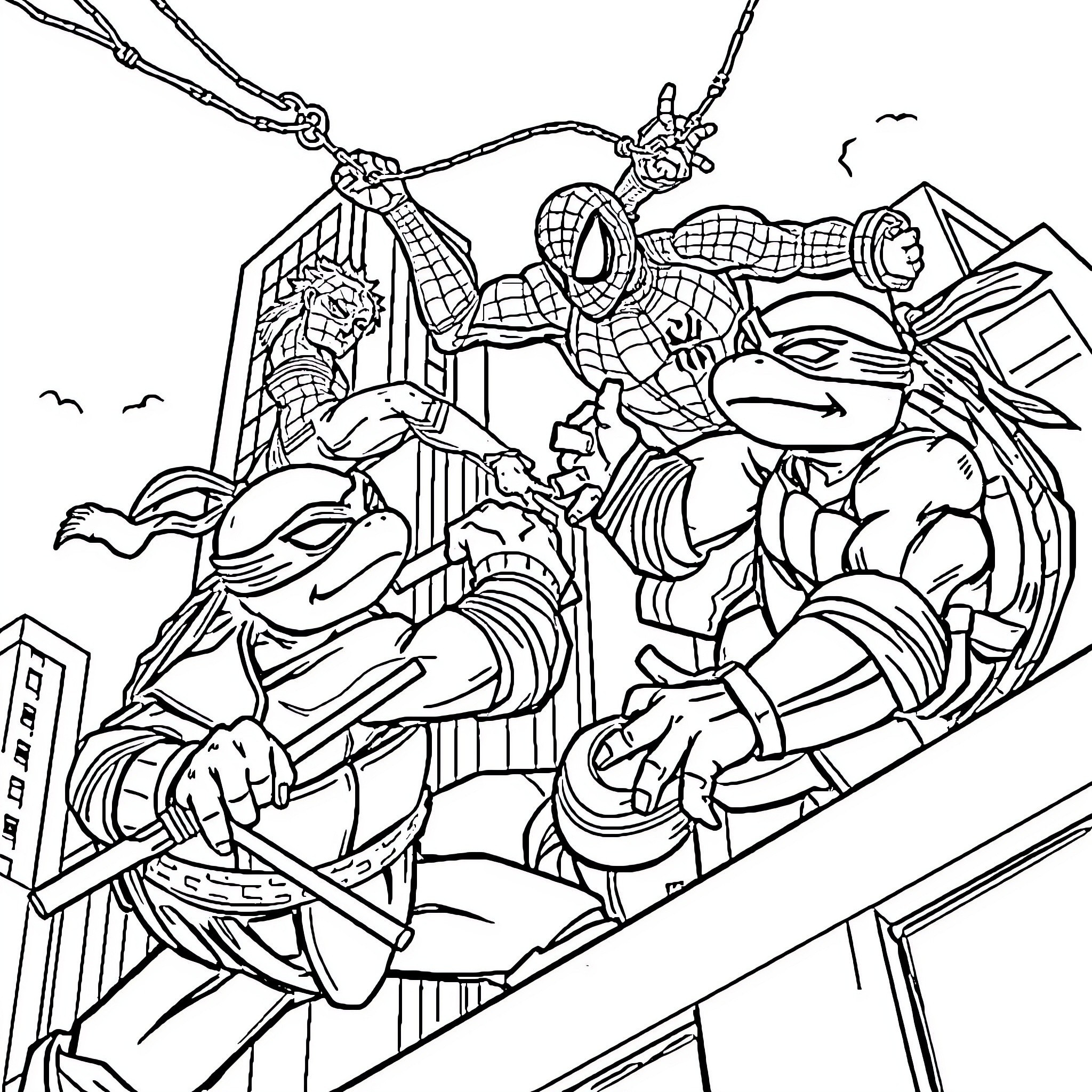 Teenage Mutant Ninja Turtles in action-packed adventure Coloring Page (free black-and-white line drawing printable PDF for all, from beginners to advanced learners, including children, teens, adults, and seniors)