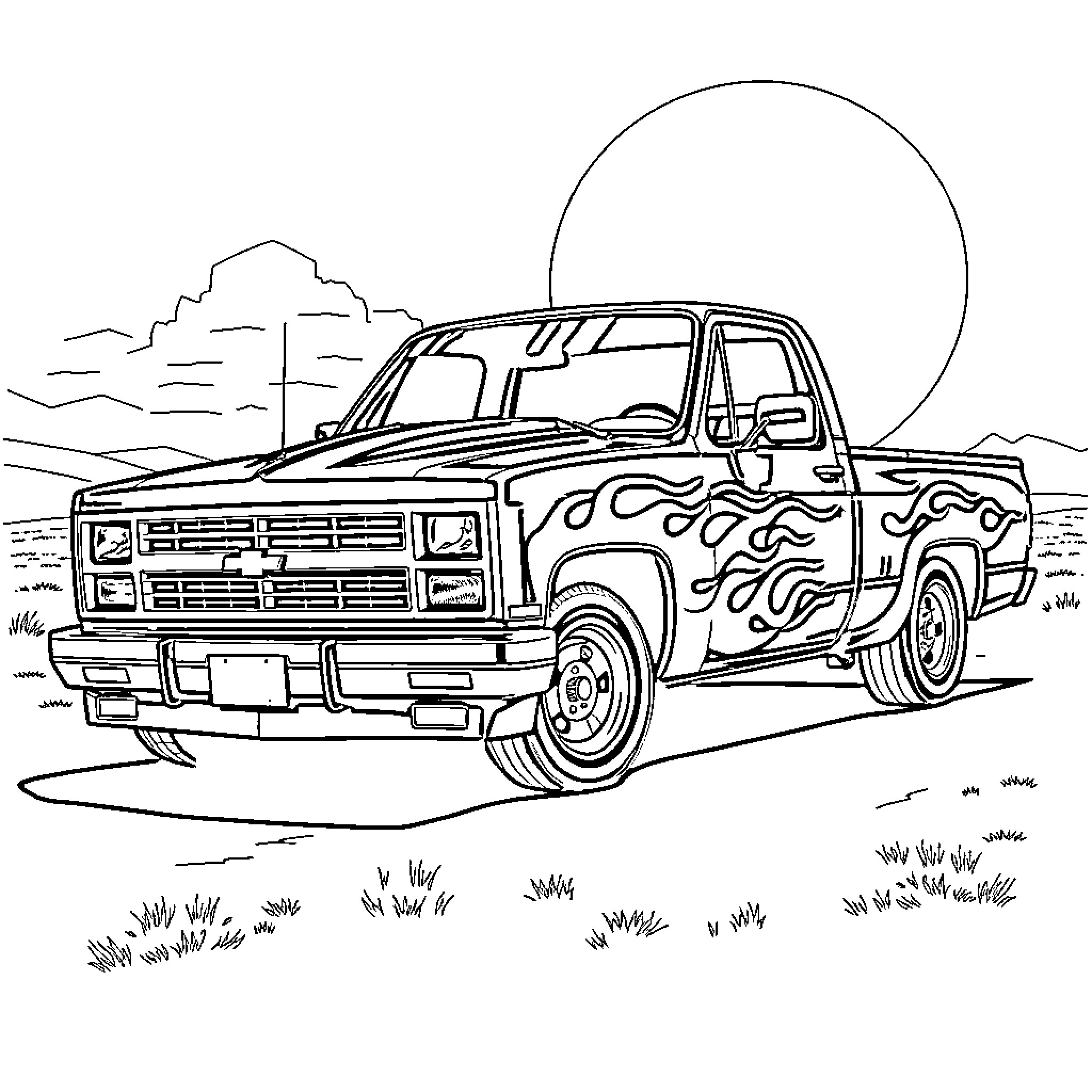 Chevy S10 with flames in the desert landscape Coloring Page (free black-and-white line drawing printable PDF for all, from beginners to advanced learners, including children, teens, adults, and seniors)
