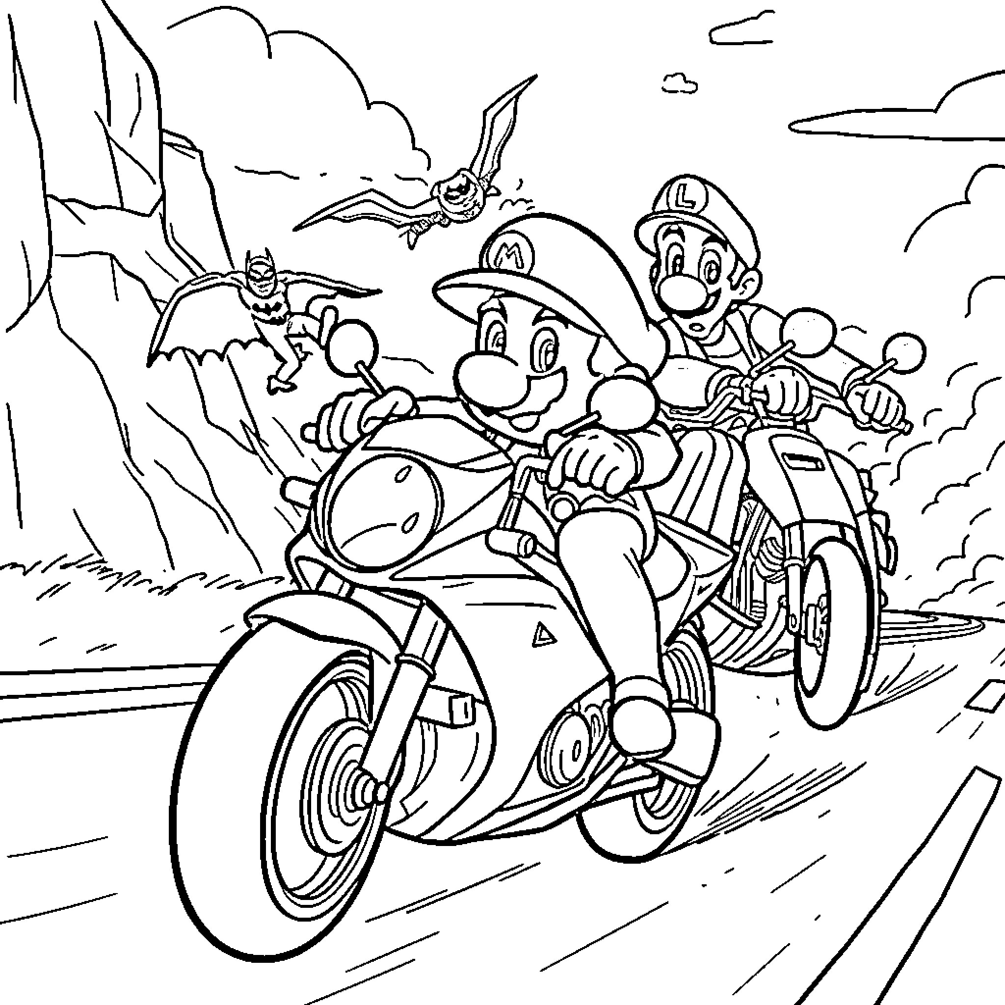 Mario and friends on an adventurous motorcycle ride Coloring Page (free black-and-white line drawing printable PDF for all, from beginners to advanced learners, including children, teens, adults, and seniors)