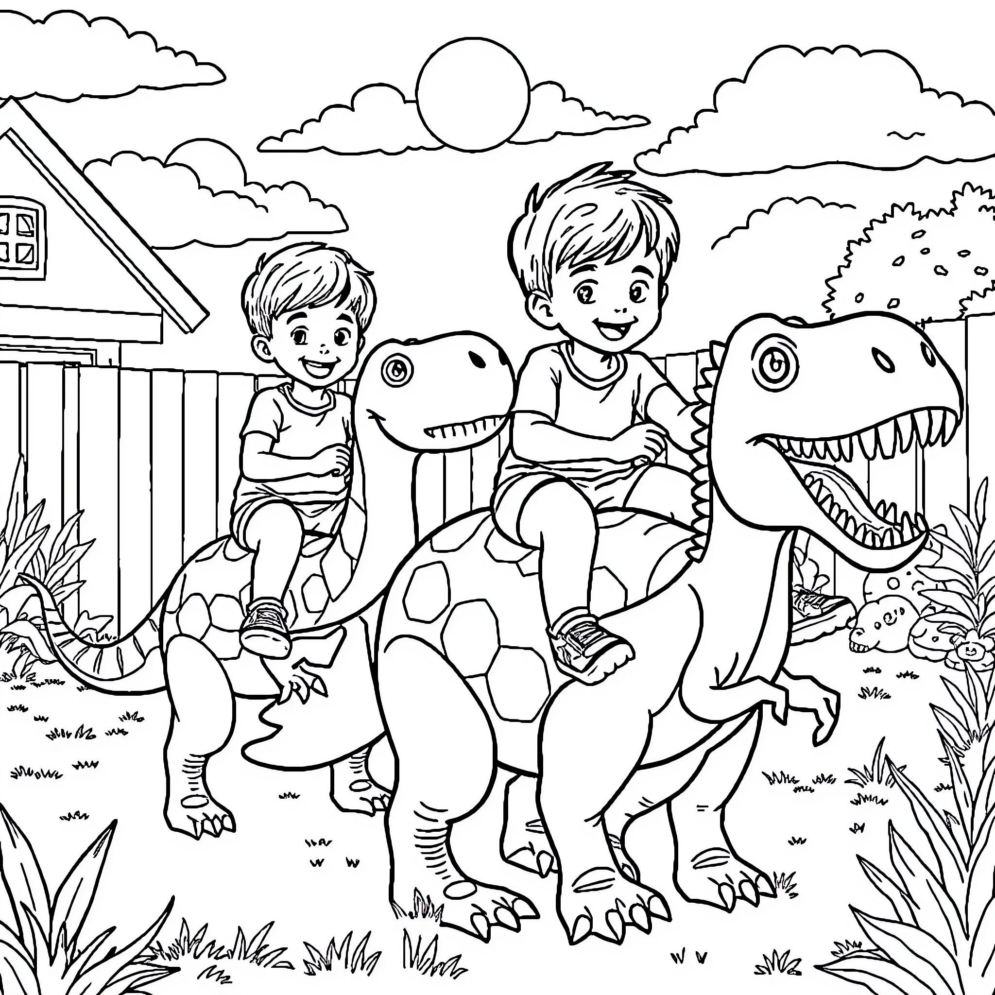 Toddlers playing with friendly dinosaurs in the backyard Coloring Page (free black-and-white line drawing printable PDF for all, from beginners to advanced learners, including children, teens, adults, and seniors)