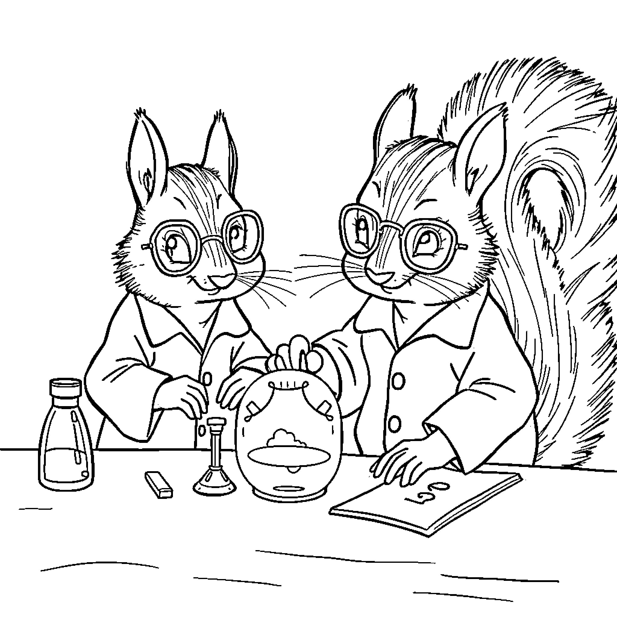 Squirrel scientists conducting important research Coloring Page (free black-and-white line drawing printable PDF for all, from beginners to advanced learners, including children, teens, adults, and seniors)