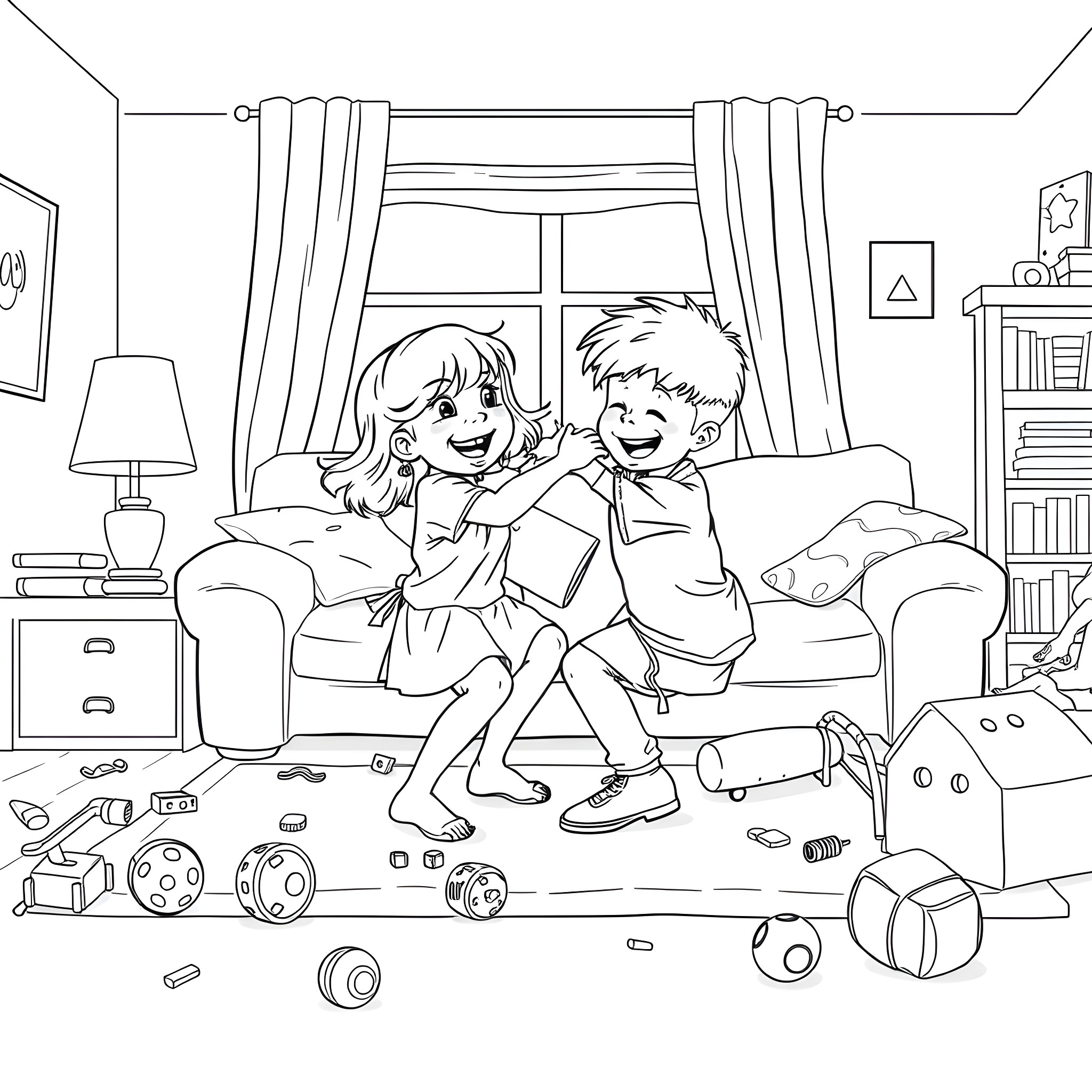 Bonnie Blue: Siblings playing joyfully in messy living room Coloring Page (free black-and-white line drawing printable PDF for all, from beginners to advanced learners, including children, teens, adults, and seniors)