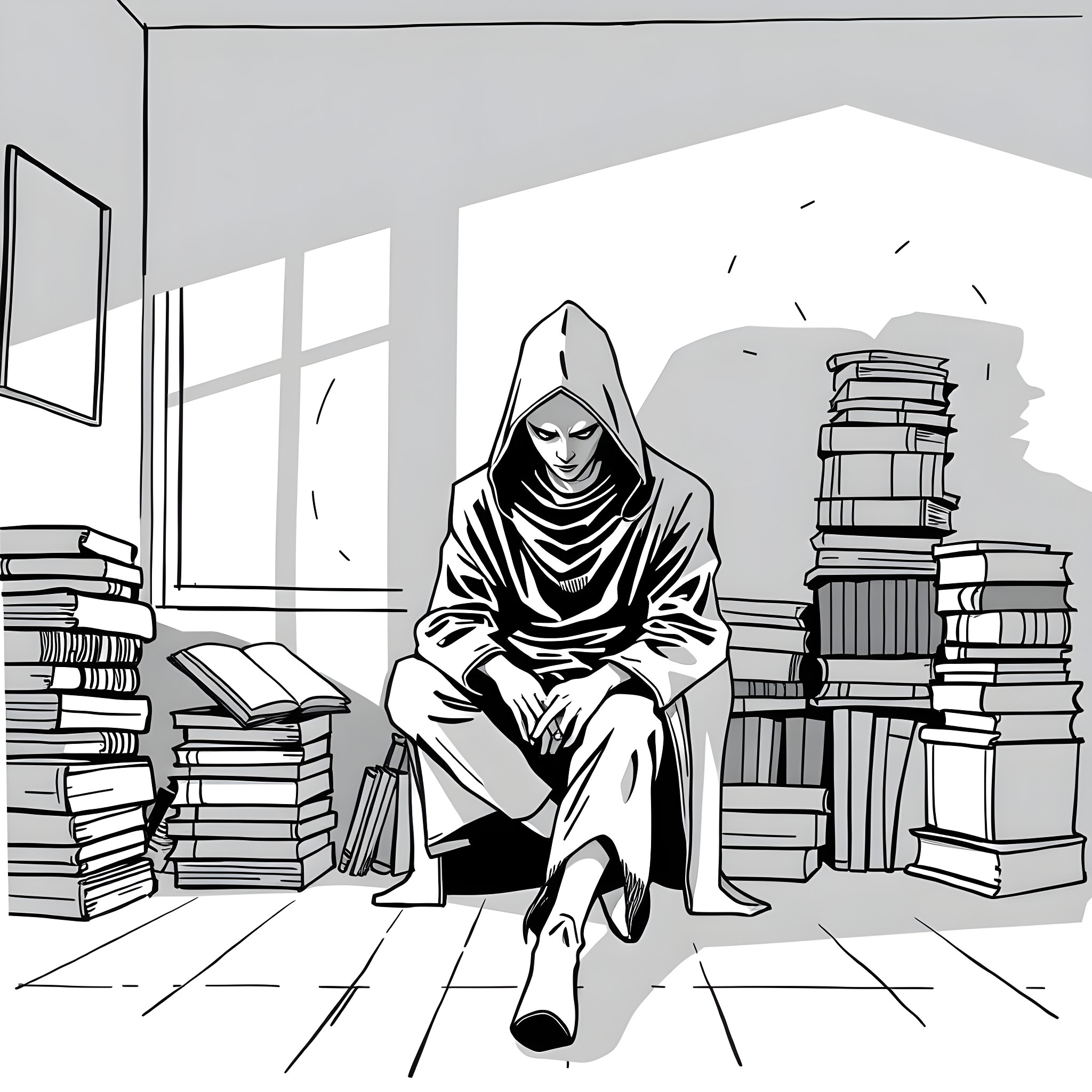 Lonely Librarian Lost in Thought Coloring Page (free black-and-white line drawing printable PDF for all, from beginners to advanced learners, including children, teens, adults, and seniors)