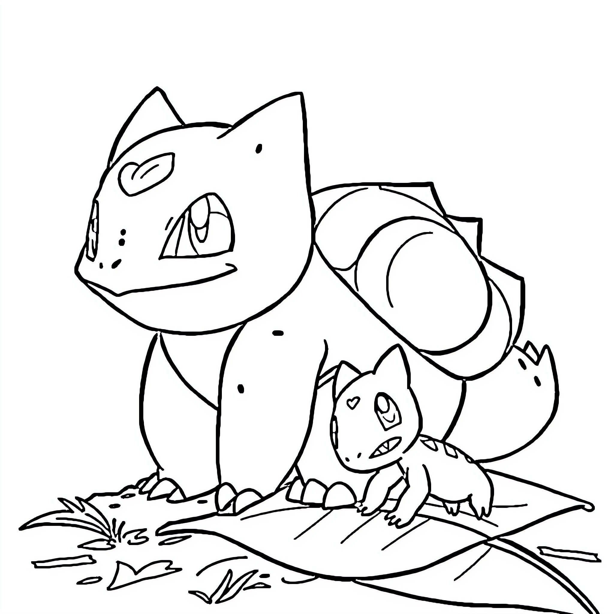 Bulbasaur exploring the outdoors with companions Coloring Page (free black-and-white line drawing printable PDF for all, from beginners to advanced learners, including children, teens, adults, and seniors)