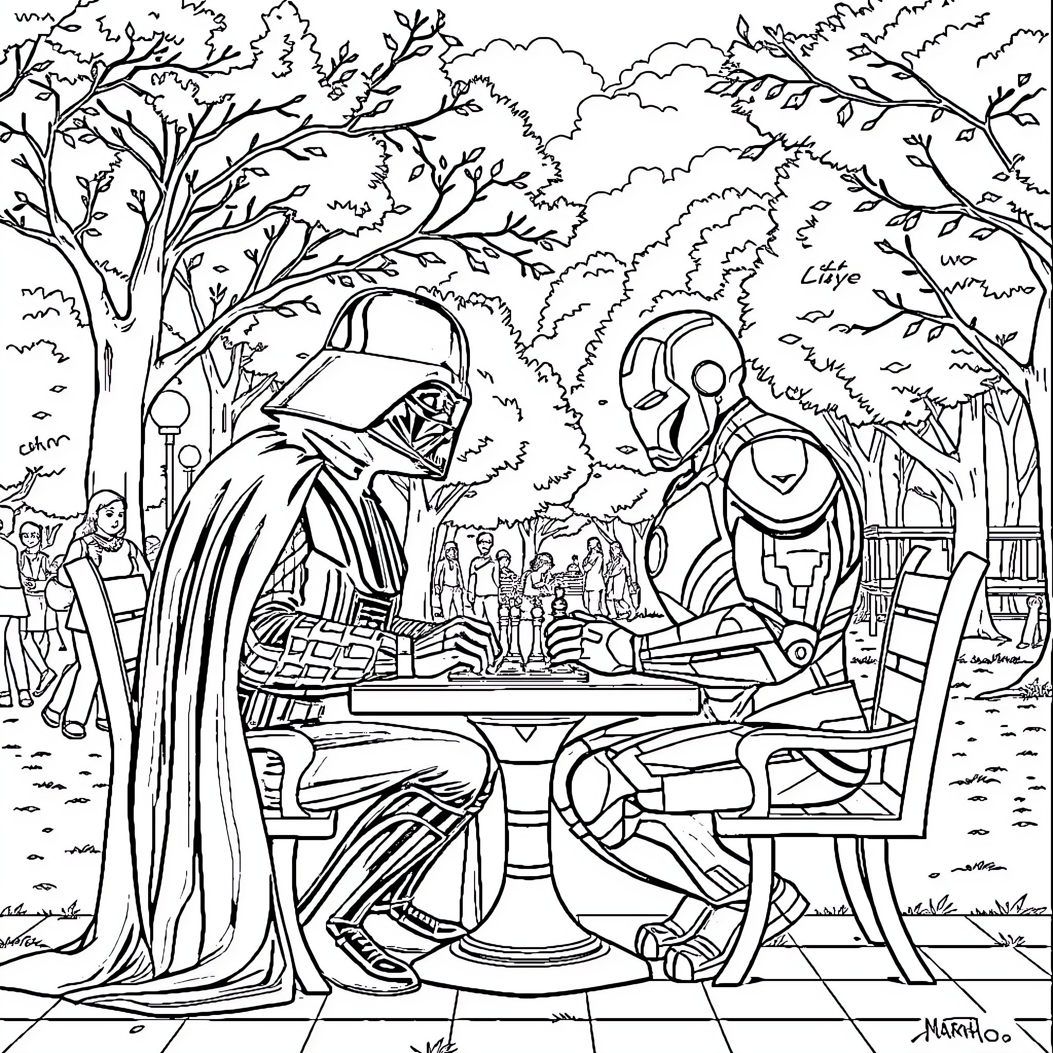 Darth Vader's Mysterious Encounter in the Forest Coloring Page (free black-and-white line drawing printable PDF for all, from beginners to advanced learners, including children, teens, adults, and seniors)