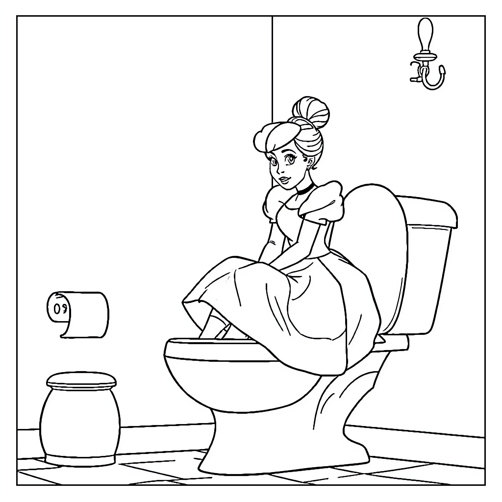 Cinderella cleaning the bathroom Coloring Page (free black-and-white line drawing printable PDF for all, from beginners to advanced learners, including children, teens, adults, and seniors)