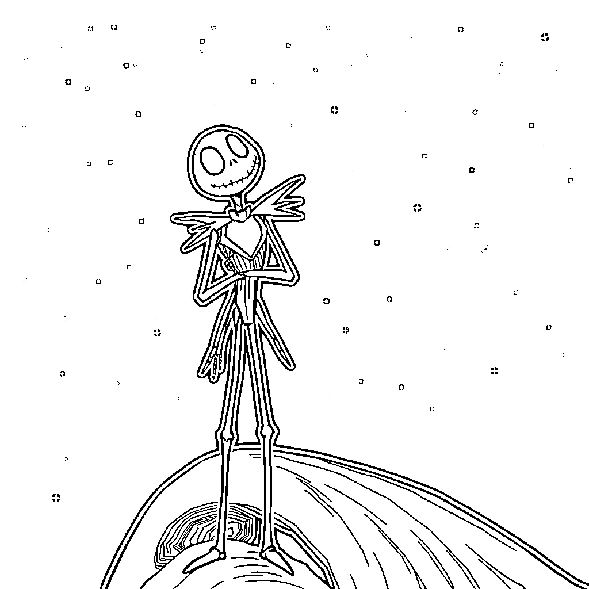 Jack Skellington standing atop a hill with a crescent moon Coloring Page (free black-and-white line drawing printable PDF for all, from beginners to advanced learners, including children, teens, adults, and seniors)