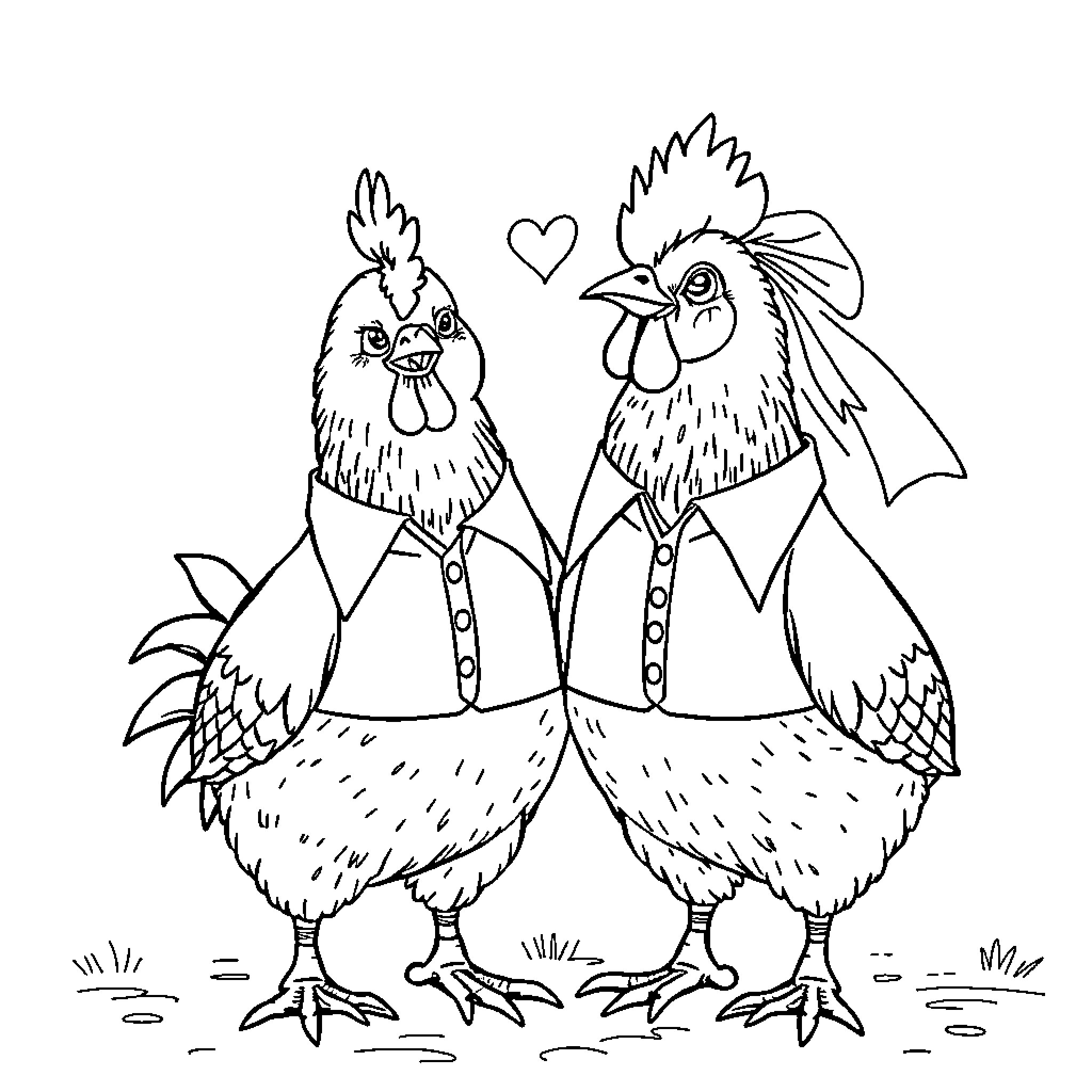 Chickens in love with heart shapes Coloring Page (free black-and-white line drawing printable PDF for all, from beginners to advanced learners, including children, teens, adults, and seniors)