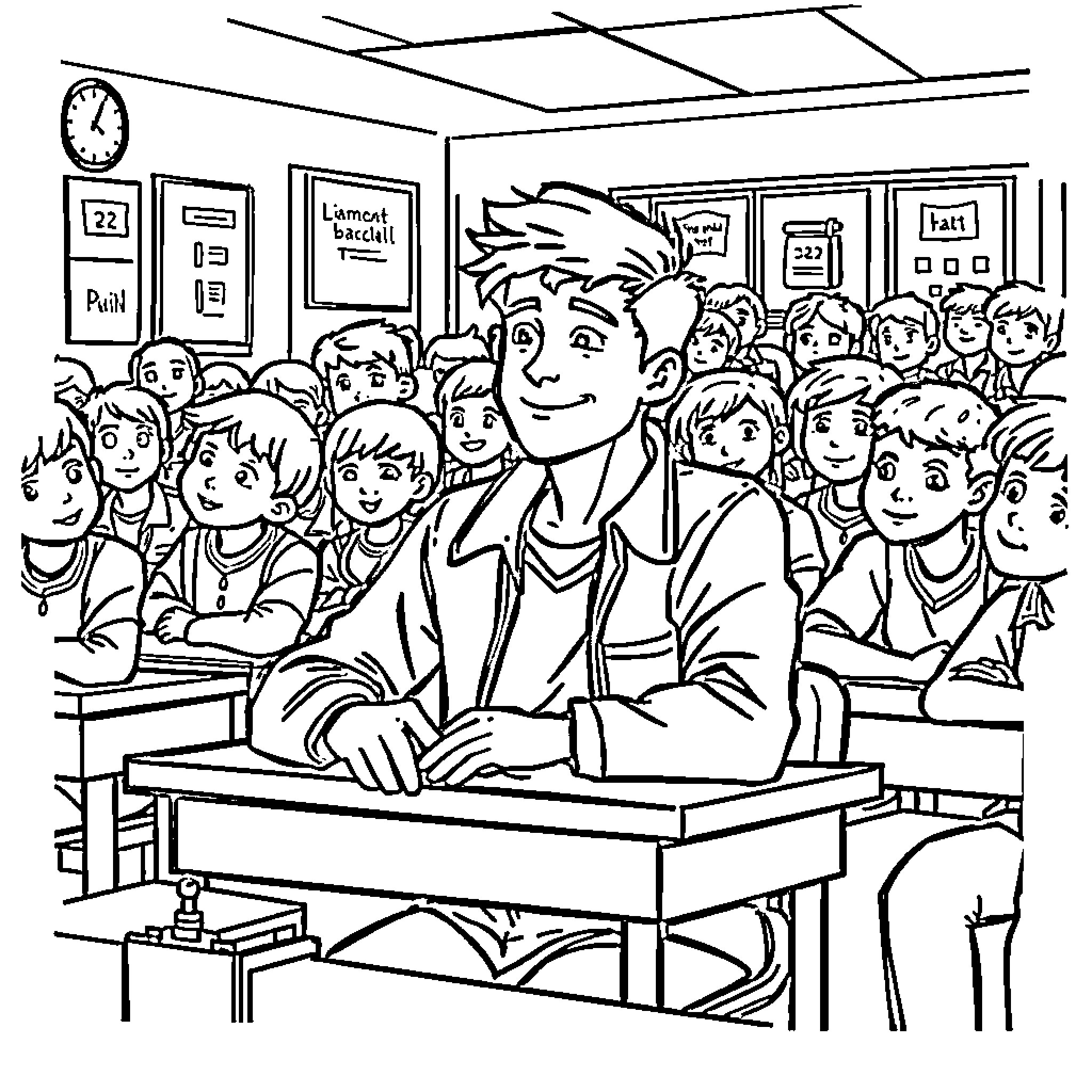 Jason Teaching Enthusiastic Students in Classroom Coloring Page (free black-and-white line drawing printable PDF for all, from beginners to advanced learners, including children, teens, adults, and seniors)
