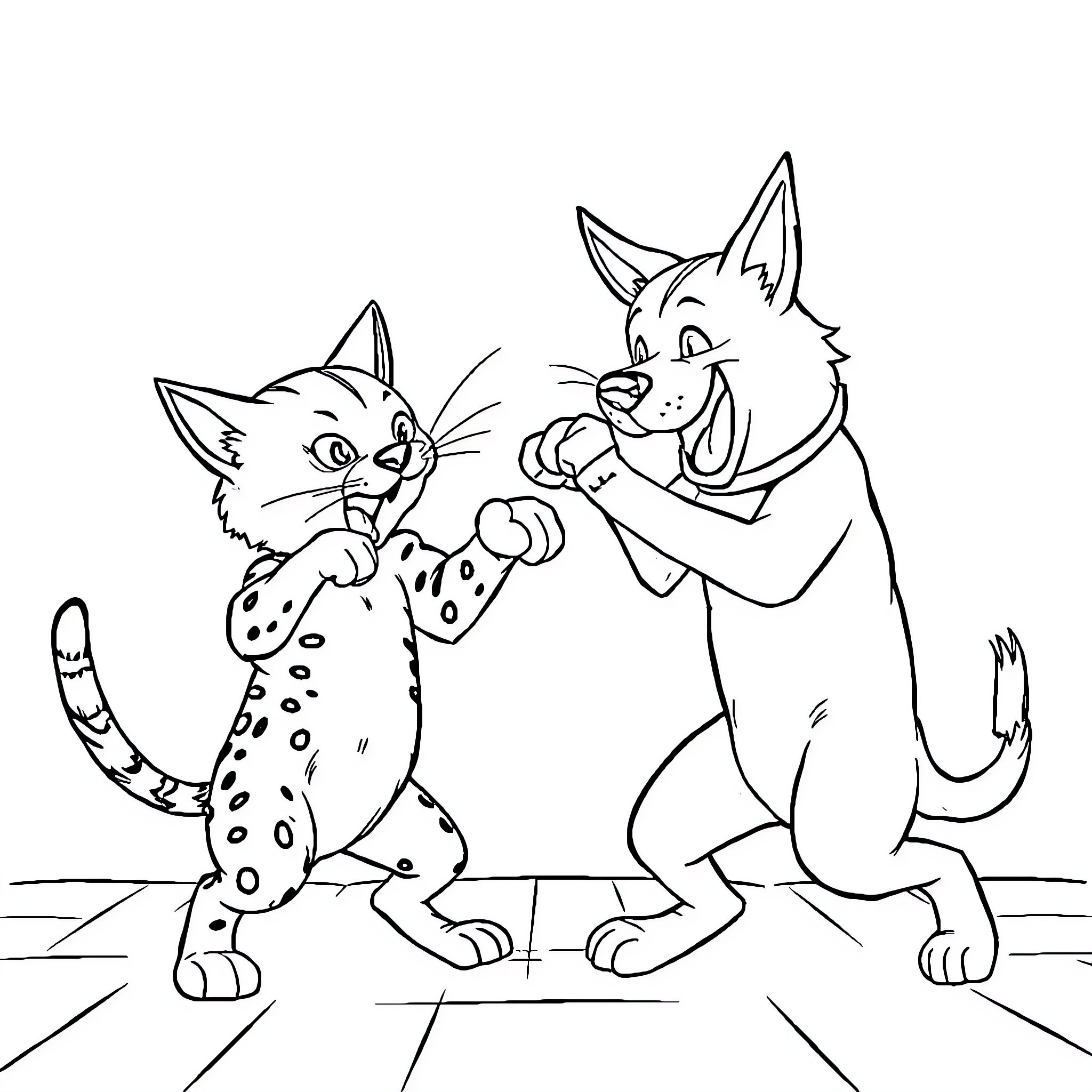 Cat and Dog Playing Happily Together Coloring Page (free black-and-white line drawing printable PDF for all, from beginners to advanced learners, including children, teens, adults, and seniors)