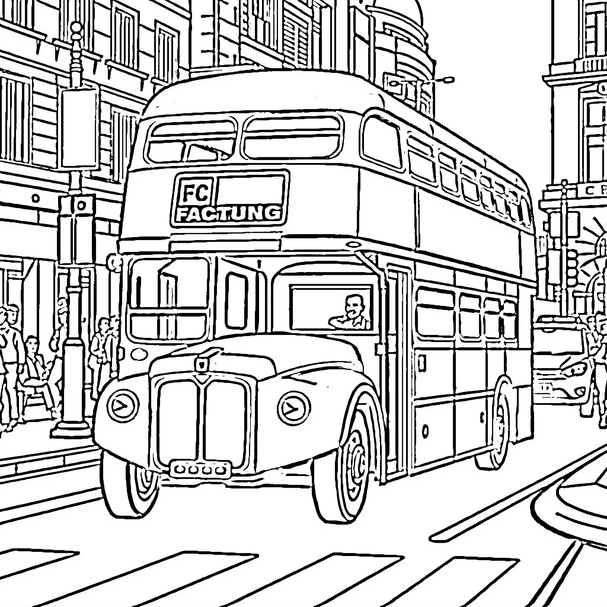Bus with Passengers on a Busy City Street Coloring Page (free black-and-white line drawing printable PDF for all, from beginners to advanced learners, including children, teens, adults, and seniors)