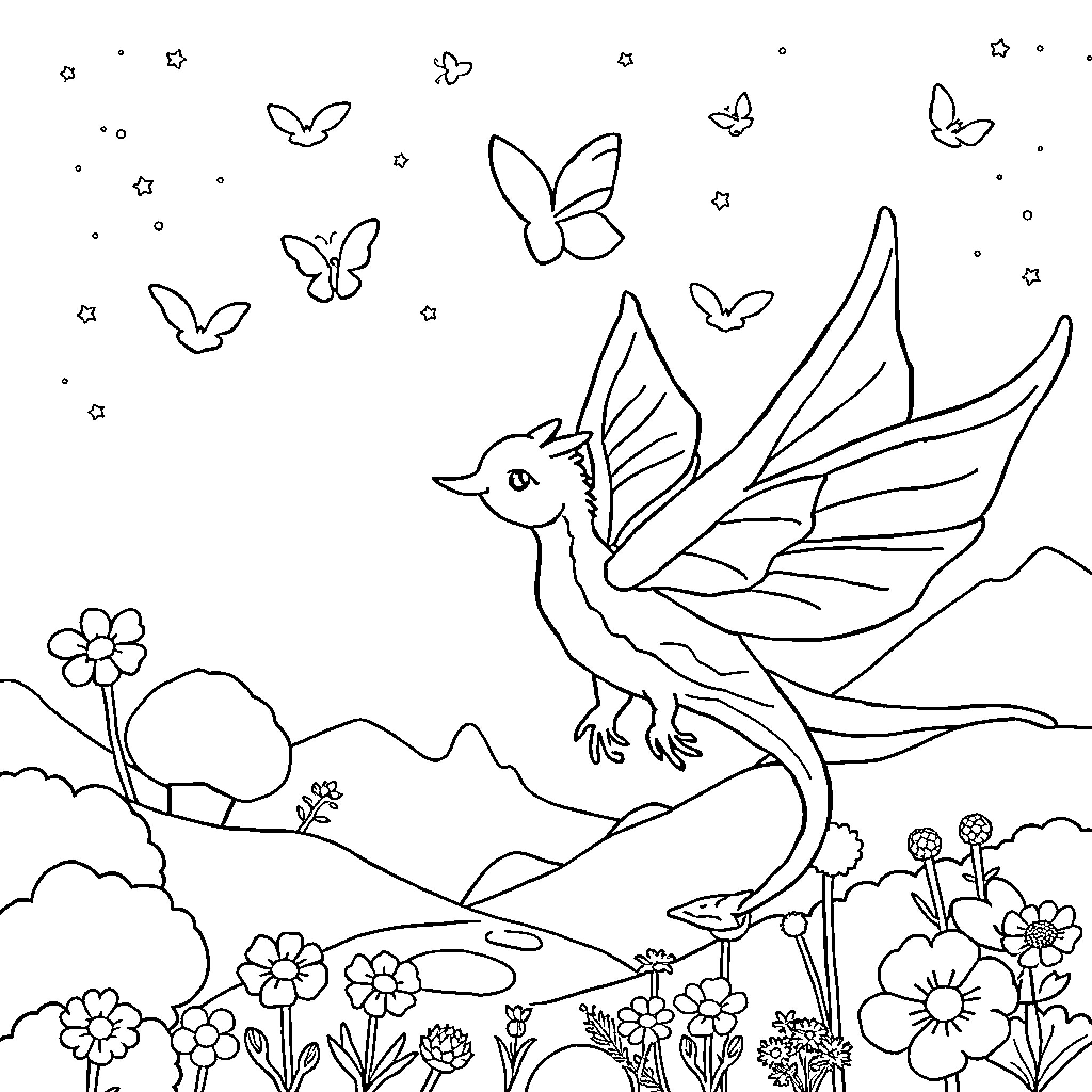 Fourth Wing Fantastical Dragon Soaring Among Butterflies Coloring Page (free black-and-white line drawing printable PDF for all, from beginners to advanced learners, including children, teens, adults, and seniors)