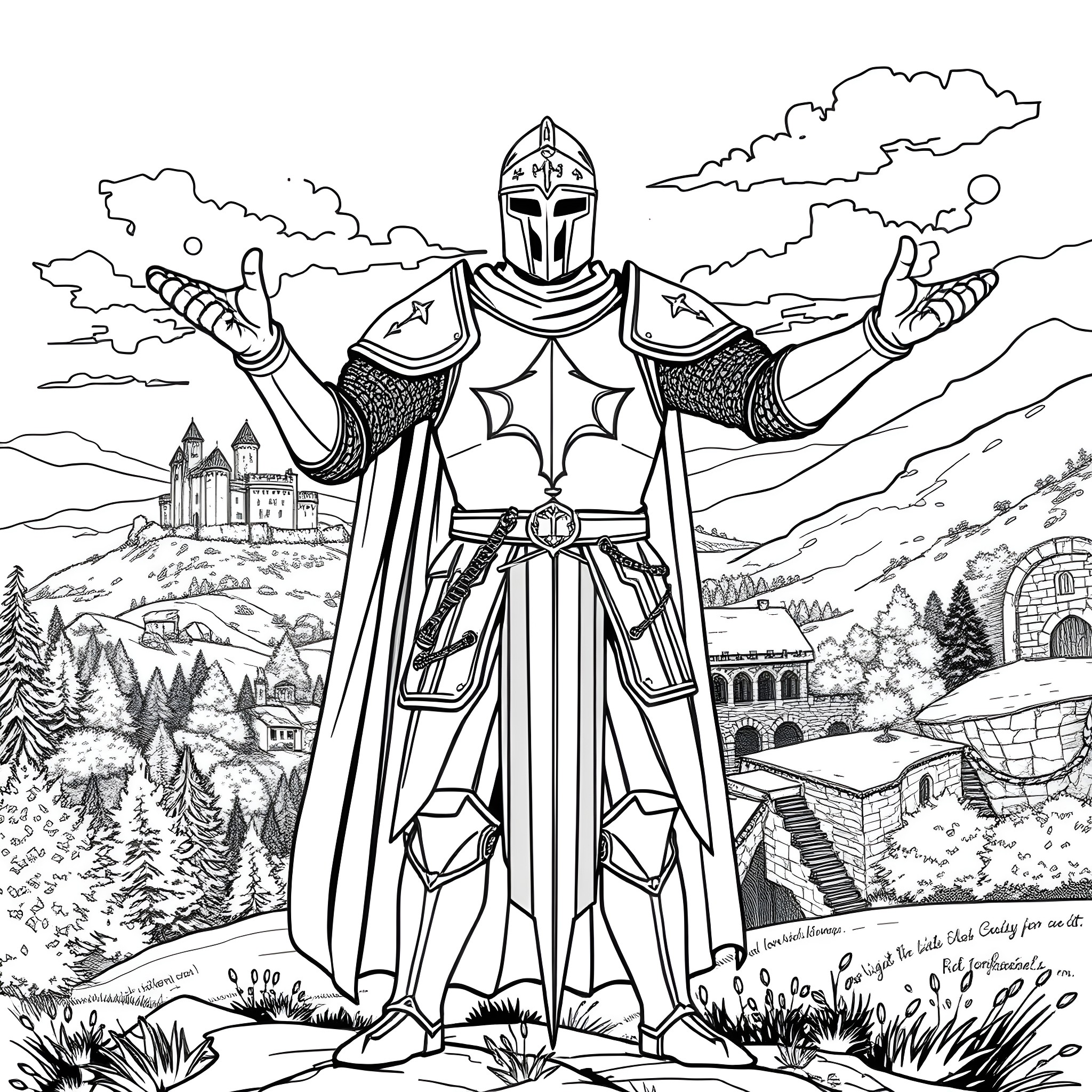 Knight Standing Triumphantly in Armored Regalia Coloring Page (free black-and-white line drawing printable PDF for all, from beginners to advanced learners, including children, teens, adults, and seniors)