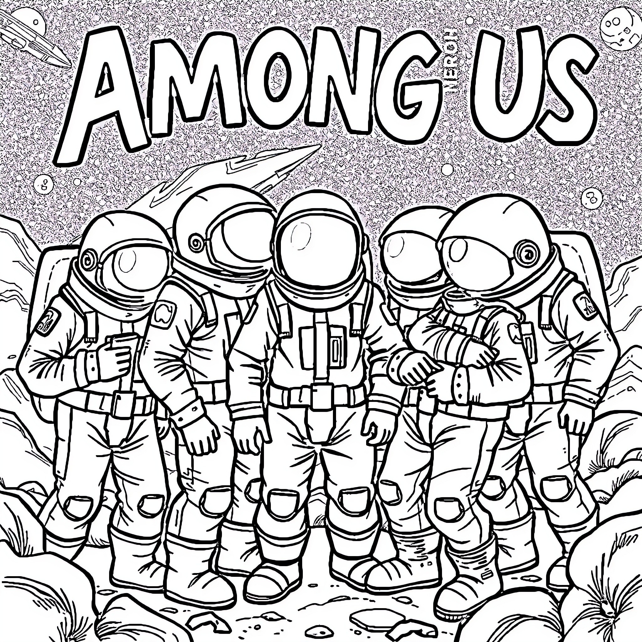 Among Us Astronauts in Outer Space Coloring Page (free black-and-white line drawing printable PDF for all, from beginners to advanced learners, including children, teens, adults, and seniors)
