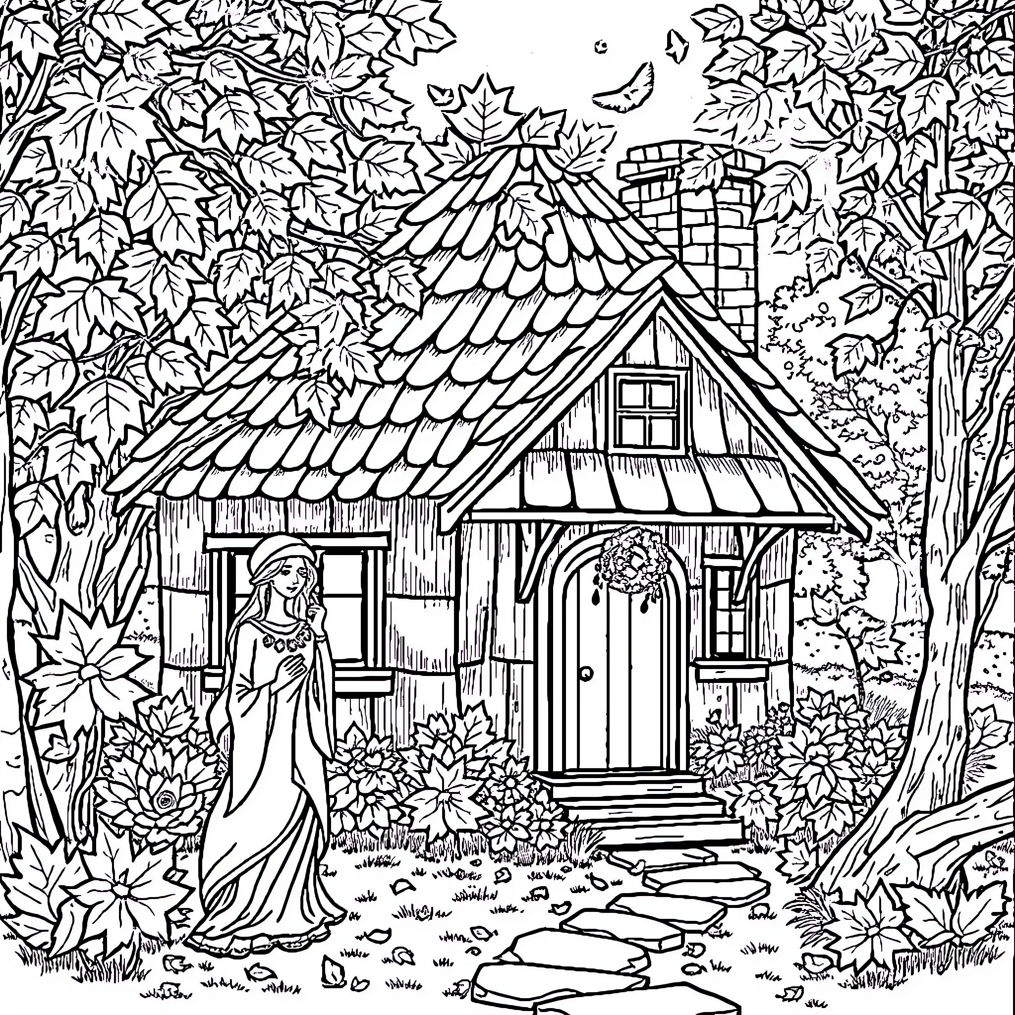 Goddess of the Enchanted Cottage Coloring Page (free black-and-white line drawing printable PDF for all, from beginners to advanced learners, including children, teens, adults, and seniors)