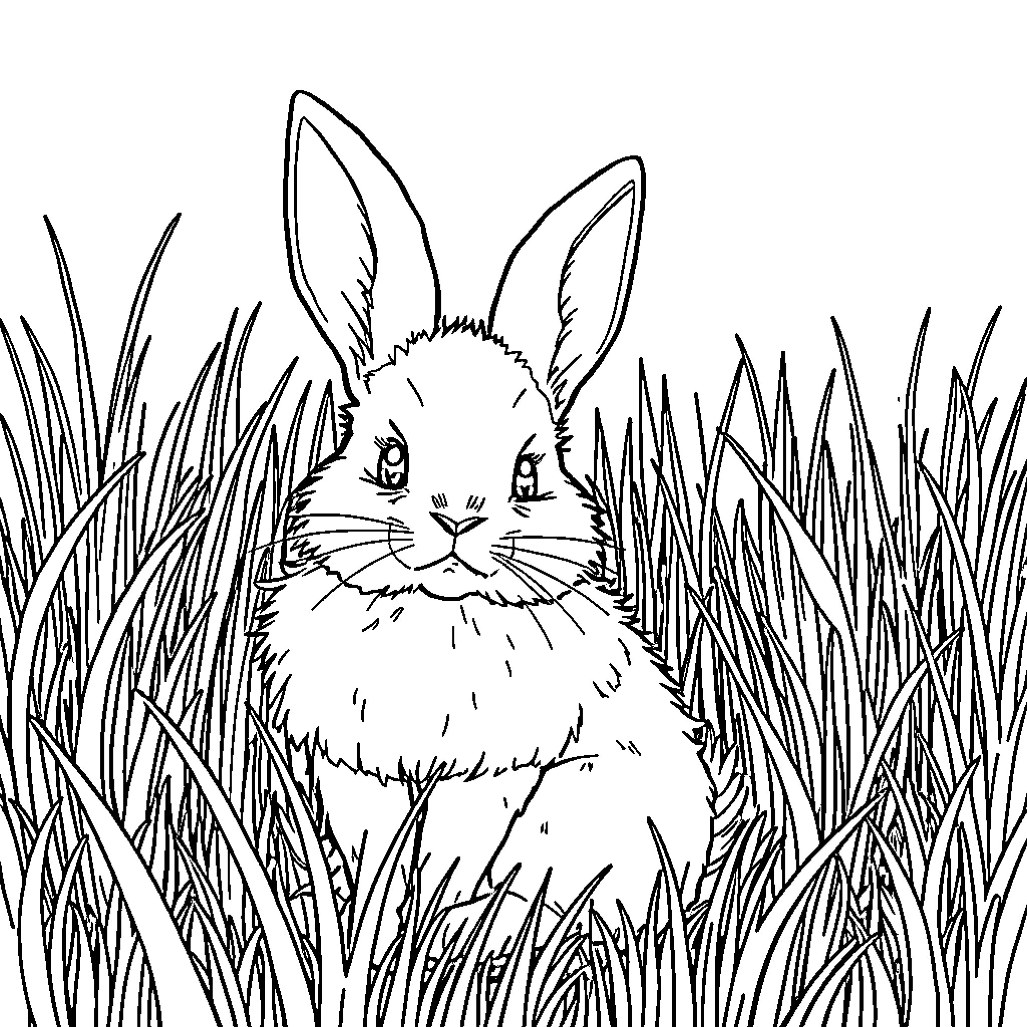 Bunny Peeking Through the Tall Grass Coloring Page (free black-and-white line drawing printable PDF for all, from beginners to advanced learners, including children, teens, adults, and seniors)
